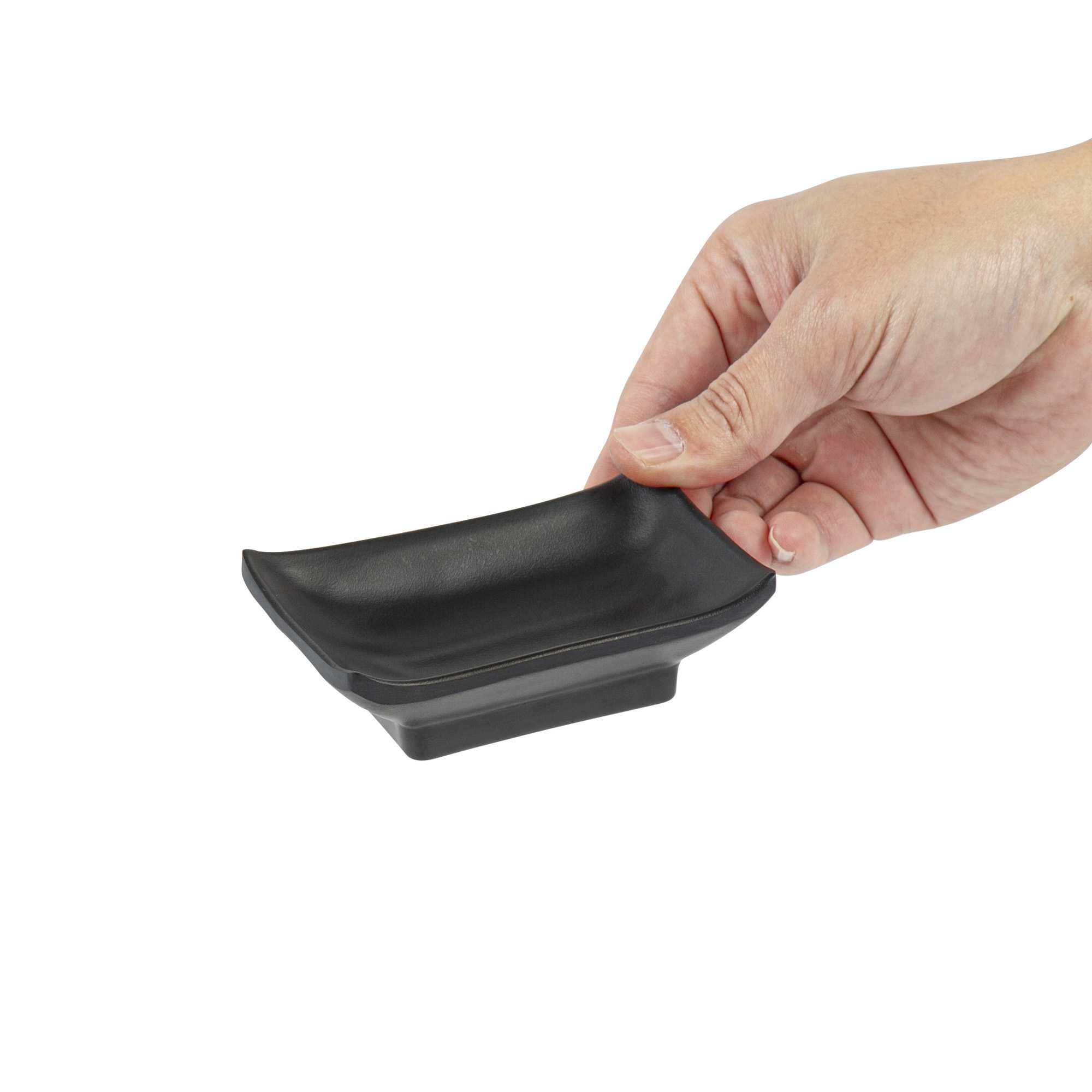 Voga 1 oz Rectangle Black Melamine Sauce Dish - Japonais - 4" x 2 1/2" x 1 1/4" - 10 count box
