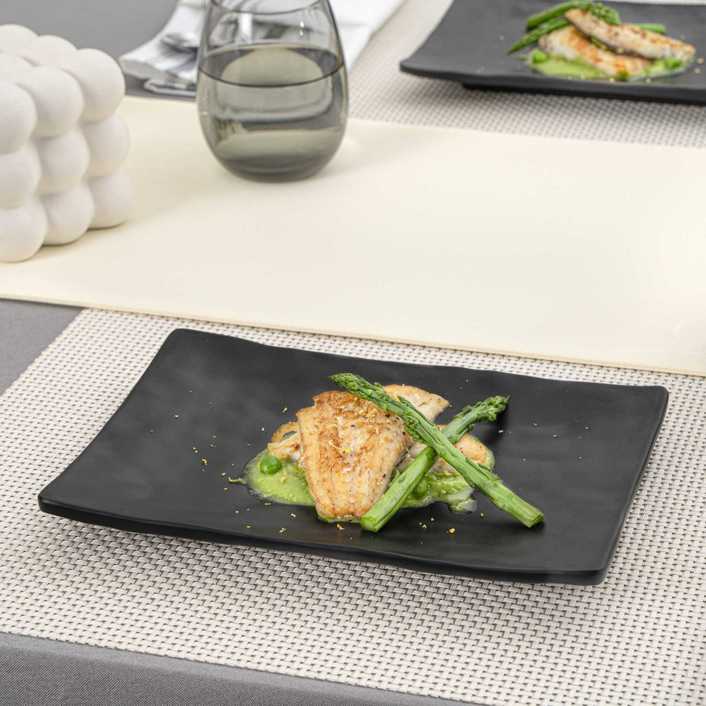 Voga Rectangle Black Melamine Medium Plate - Japonais , Faux Slate - 9 3/4" x 6 3/4" - 4 count box