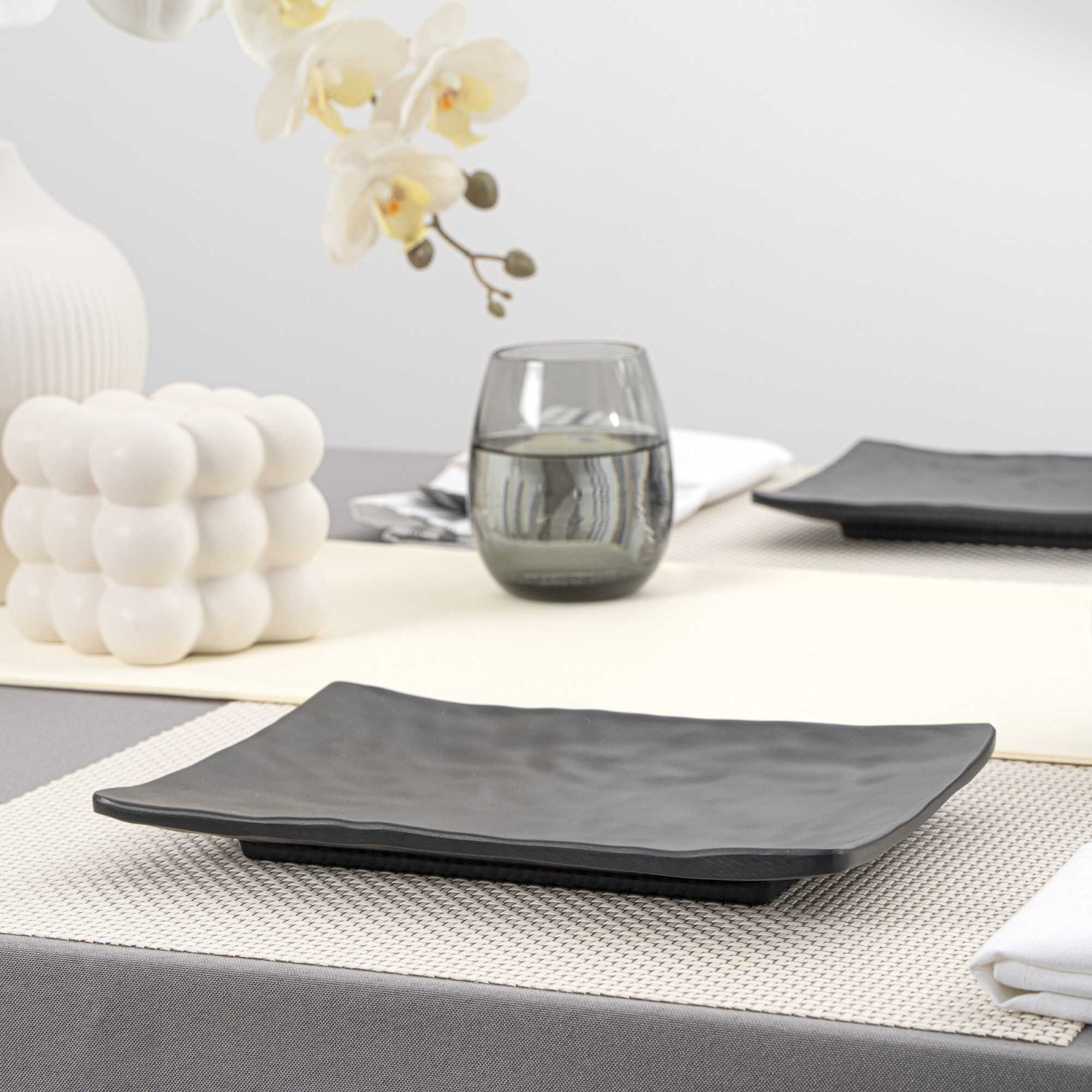 Voga Rectangle Black Melamine Medium Plate - Japonais , Faux Slate - 9 3/4" x 6 3/4" - 4 count box