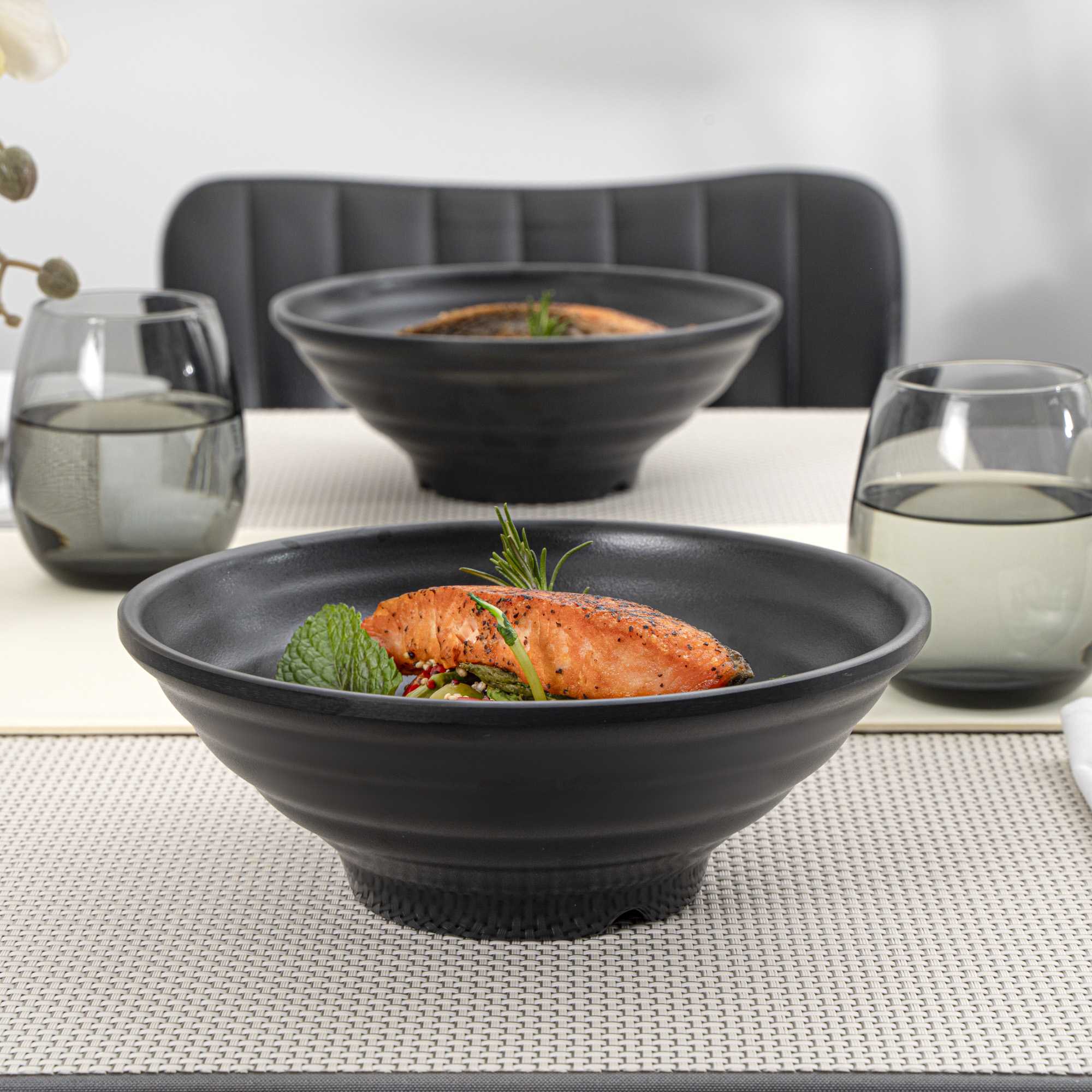 Voga 42 oz Round Black Melamine Extra Large Bowl - Japonais, Faux Stone - 8 3/4" x 8 3/4" x 3 1/4" - 2 count box