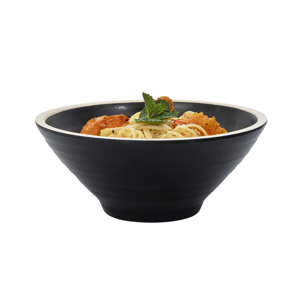 Voga 53 oz Black Melamine Rippled Bowl - Japonais, Faux Granite Rim - 7 1/4" x 7 1/4" x 3" - 2 count box