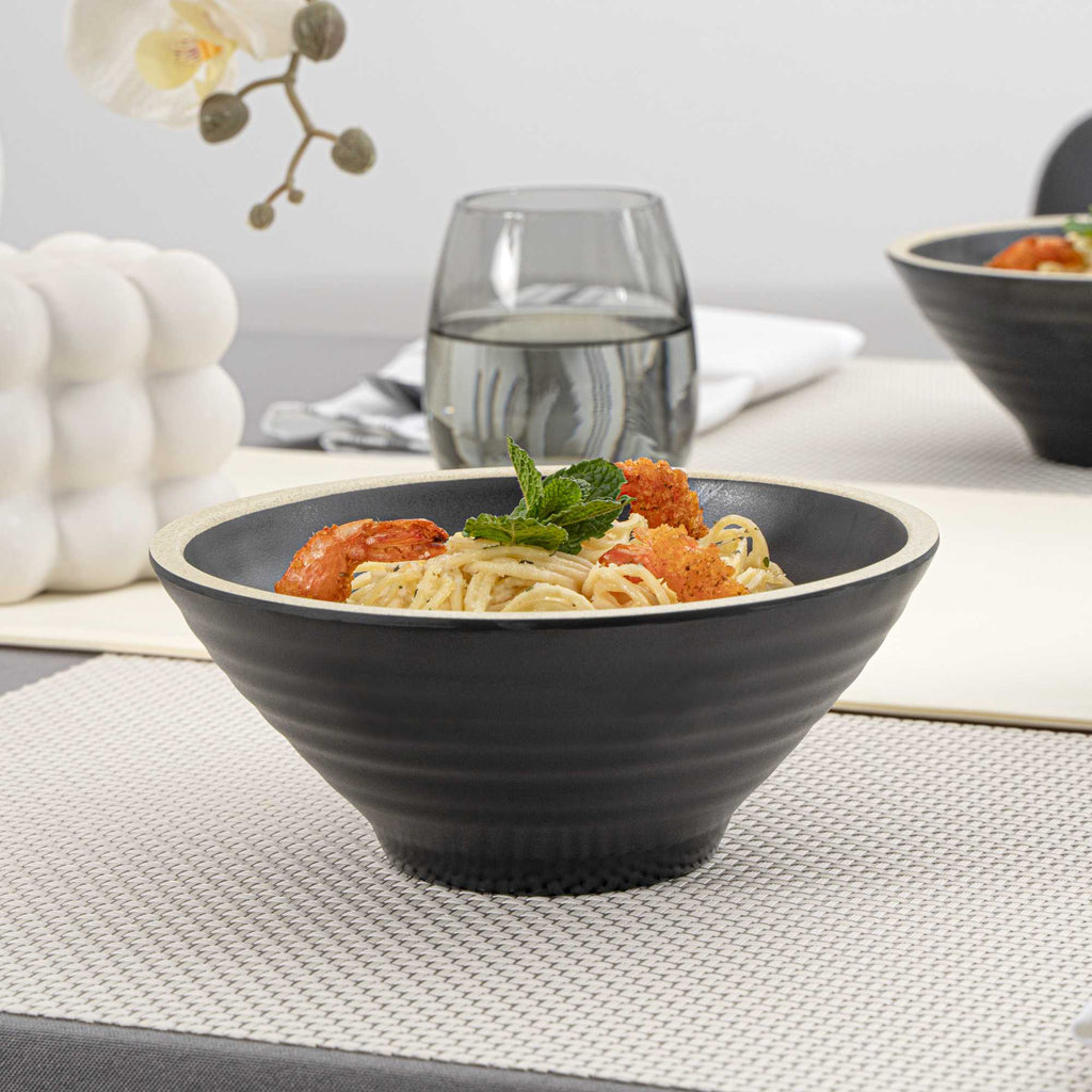 Voga 53 oz Black Melamine Rippled Bowl - Japonais, Faux Granite Rim - 7 1/4" x 7 1/4" x 3" - 2 count box
