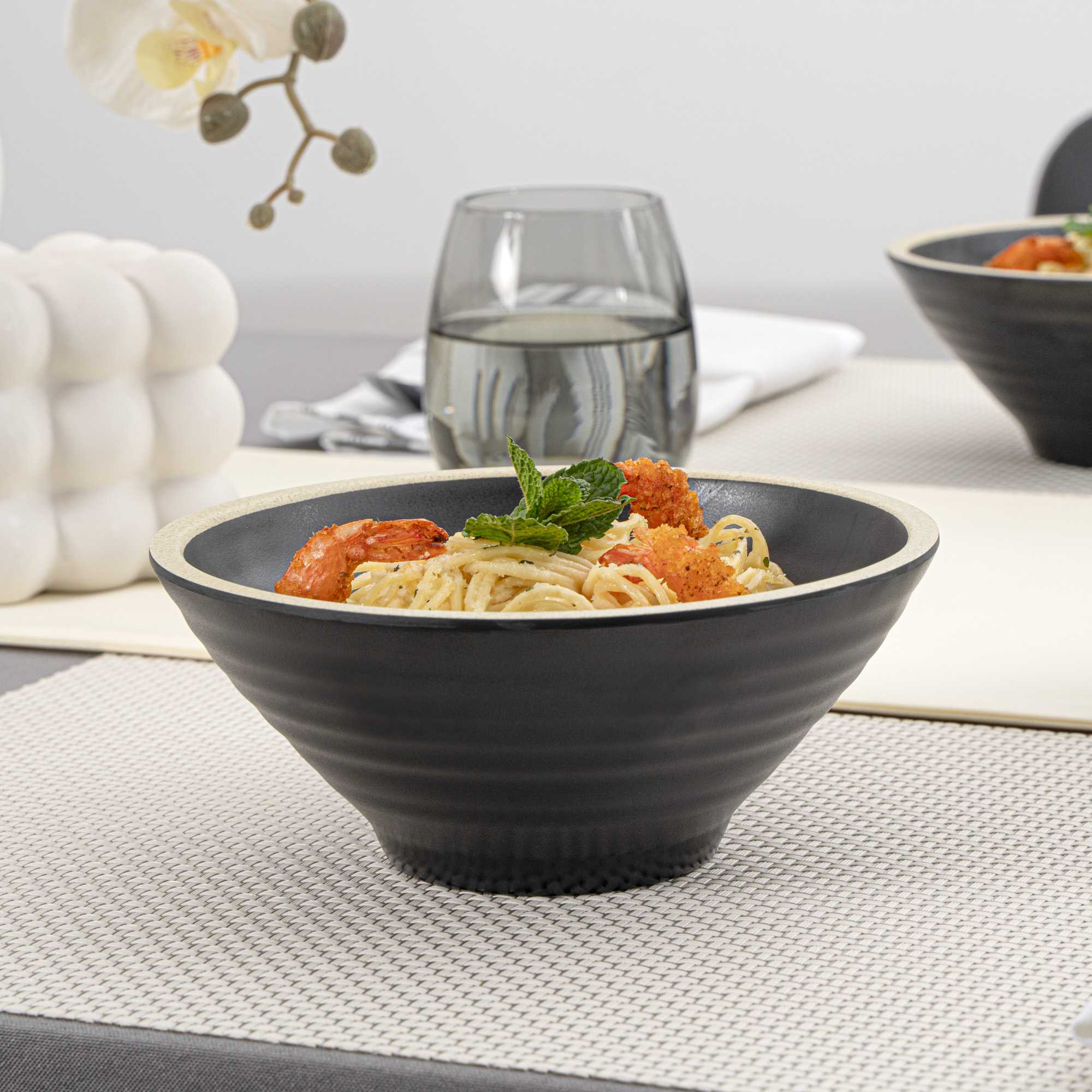 Voga 53 oz Black Melamine Rippled Bowl - Japonais, Faux Granite Rim - 7 1/4" x 7 1/4" x 3" - 2 count box