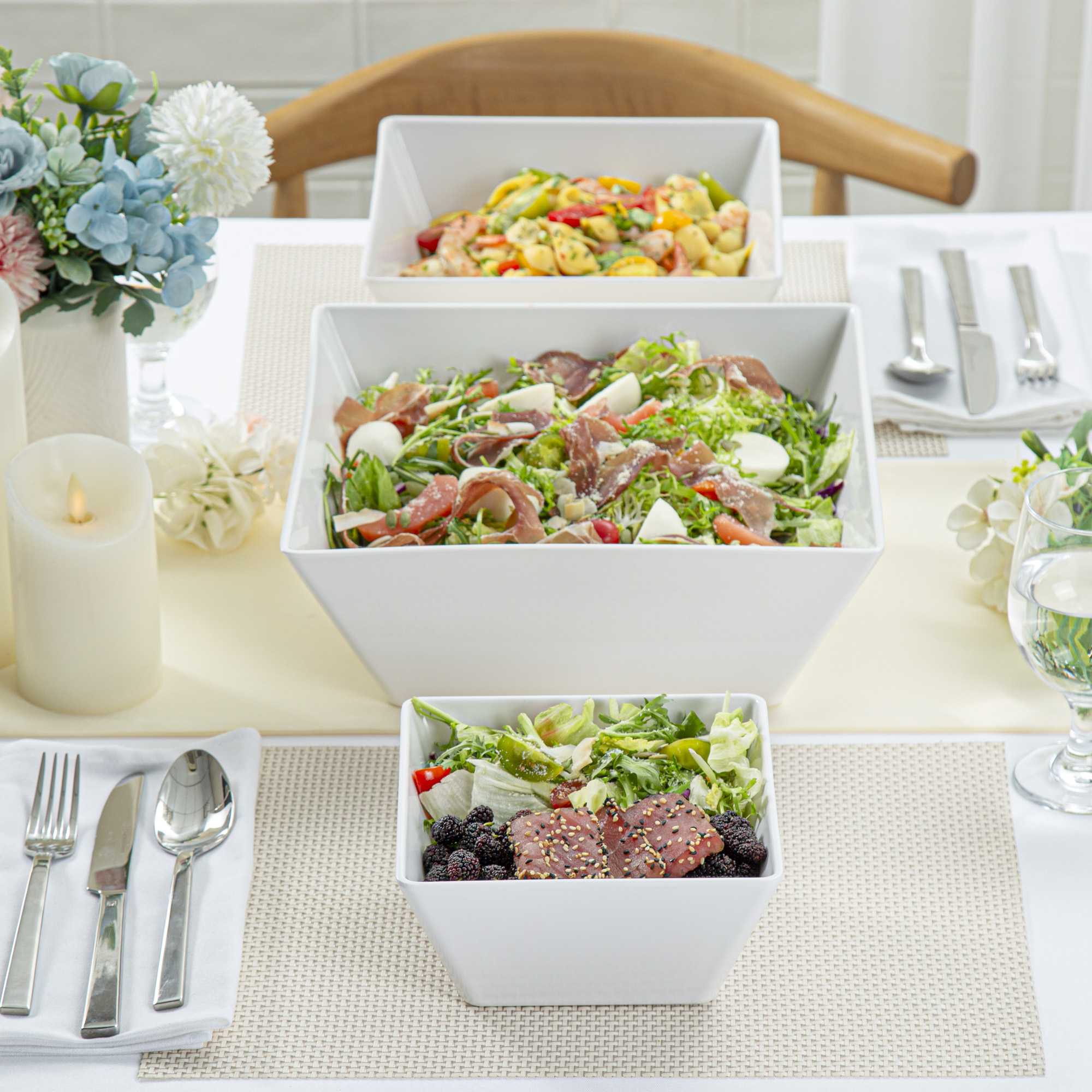 Voga 45 oz Square White Melamine Serving Bowl - Classic - 7" x 7" x 3 1/4" - 10 count box