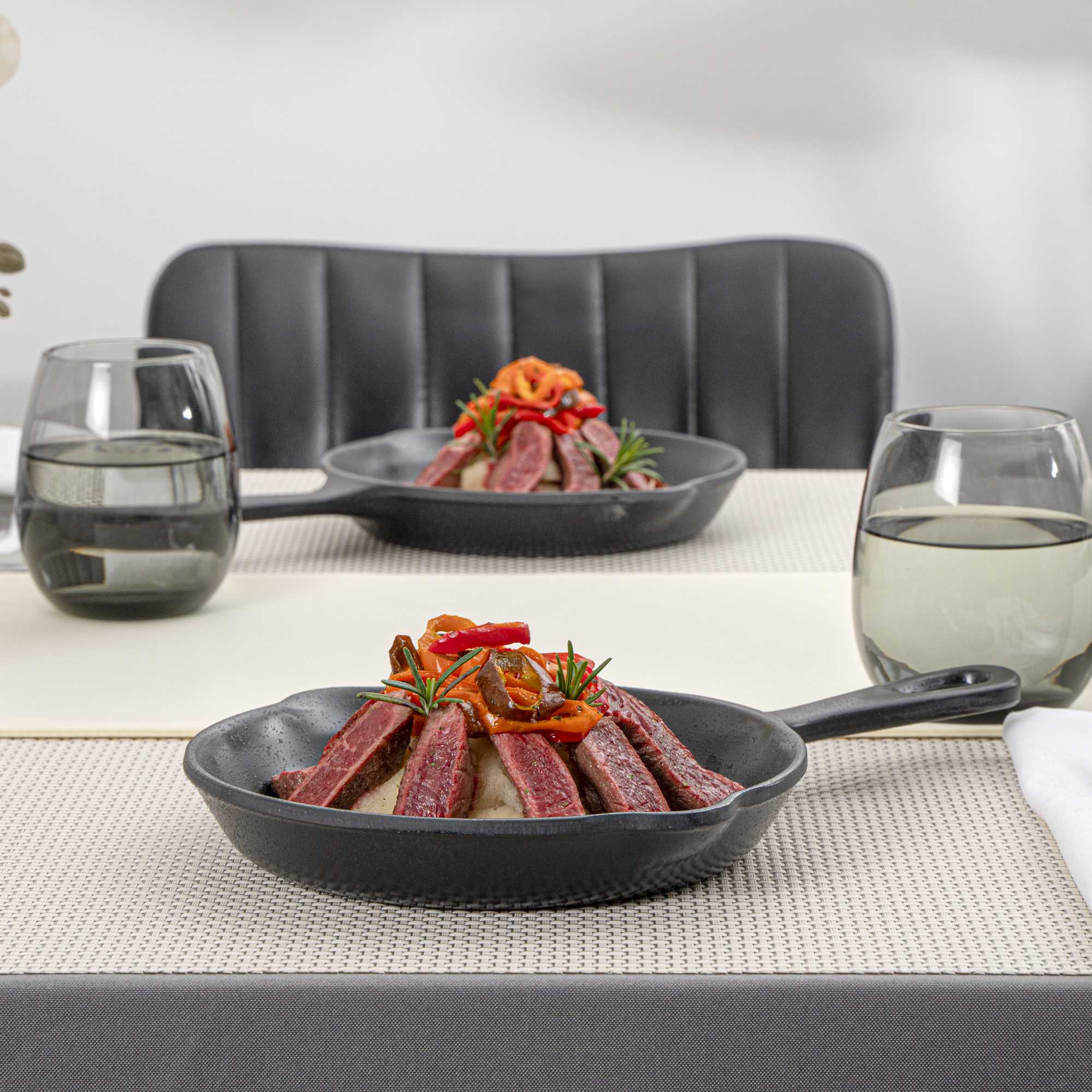 Voga 16 oz Black Melamine Serving Dish with Handle - Faux Cast Iron - 13" x 8 3/4" x 1 1/2" - 6 count box