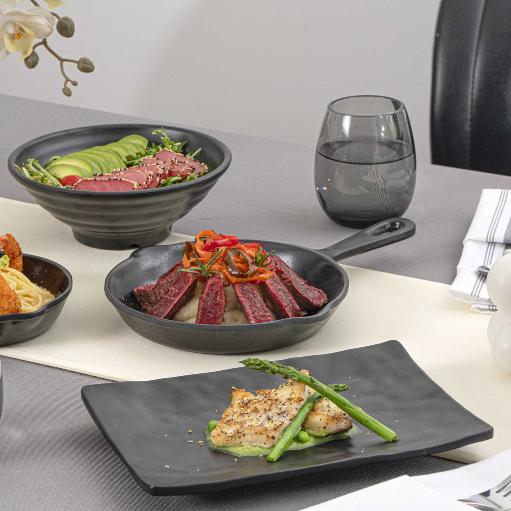 Voga 16 oz Black Melamine Serving Dish with Handle - Faux Cast Iron - 13" x 8 3/4" x 1 1/2" - 6 count box