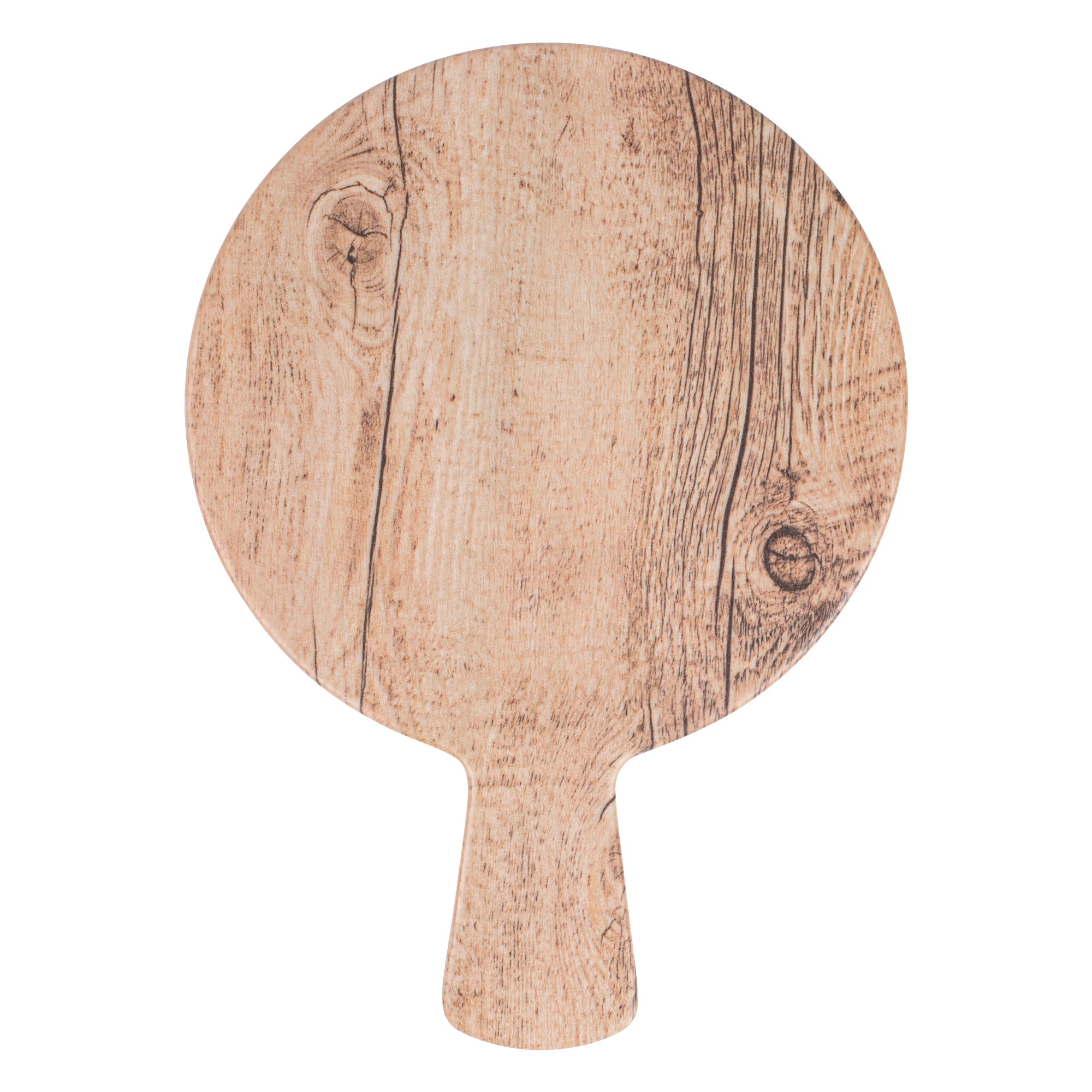 Voga Countryside Round Brown Melamine Serving Board - Faux Wood, with Handle - 12 1/2" x 9" x 1/2" - 1 count box
