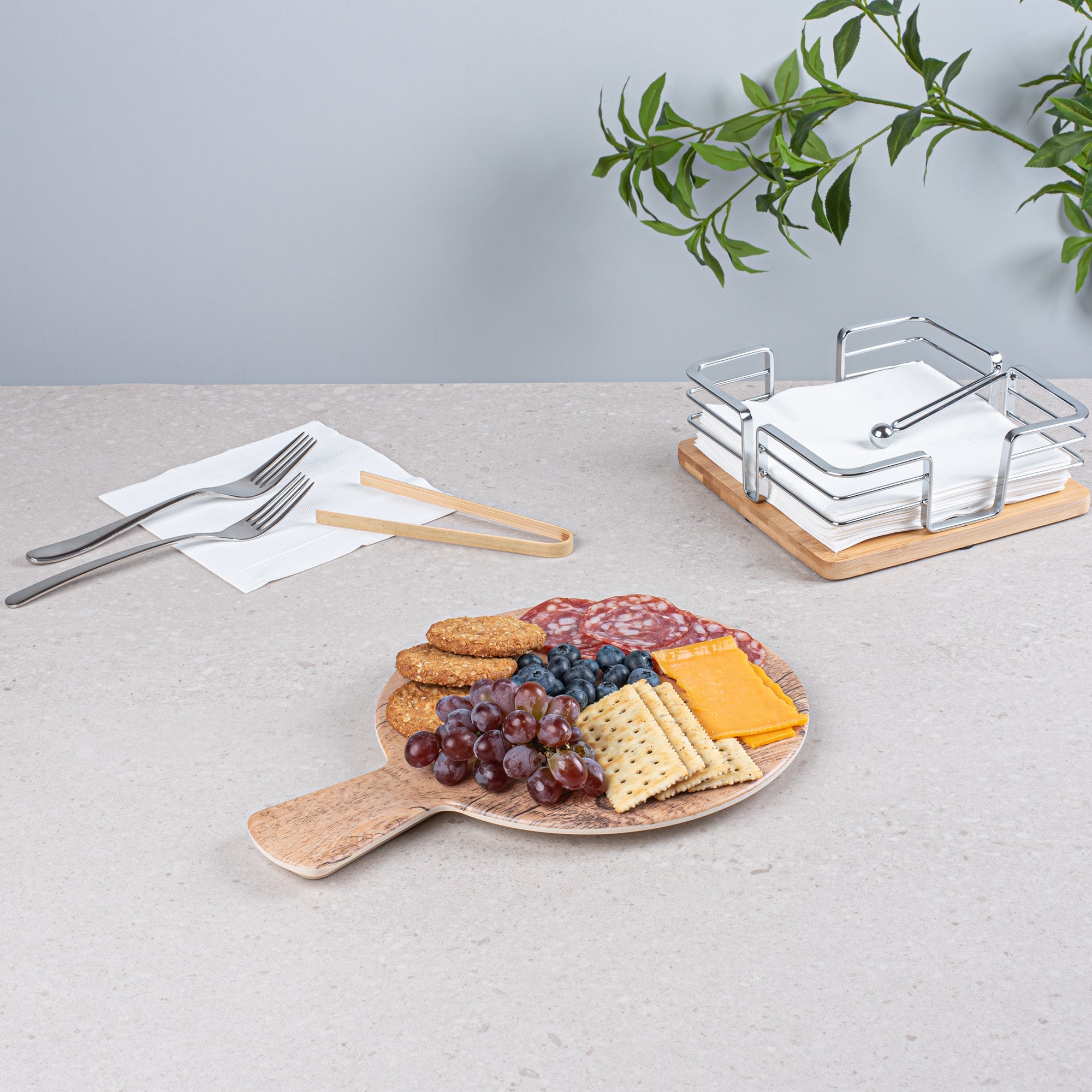 Voga Countryside Round Brown Melamine Serving Board - Faux Wood, with Handle - 12 1/2" x 9" x 1/2" - 1 count box