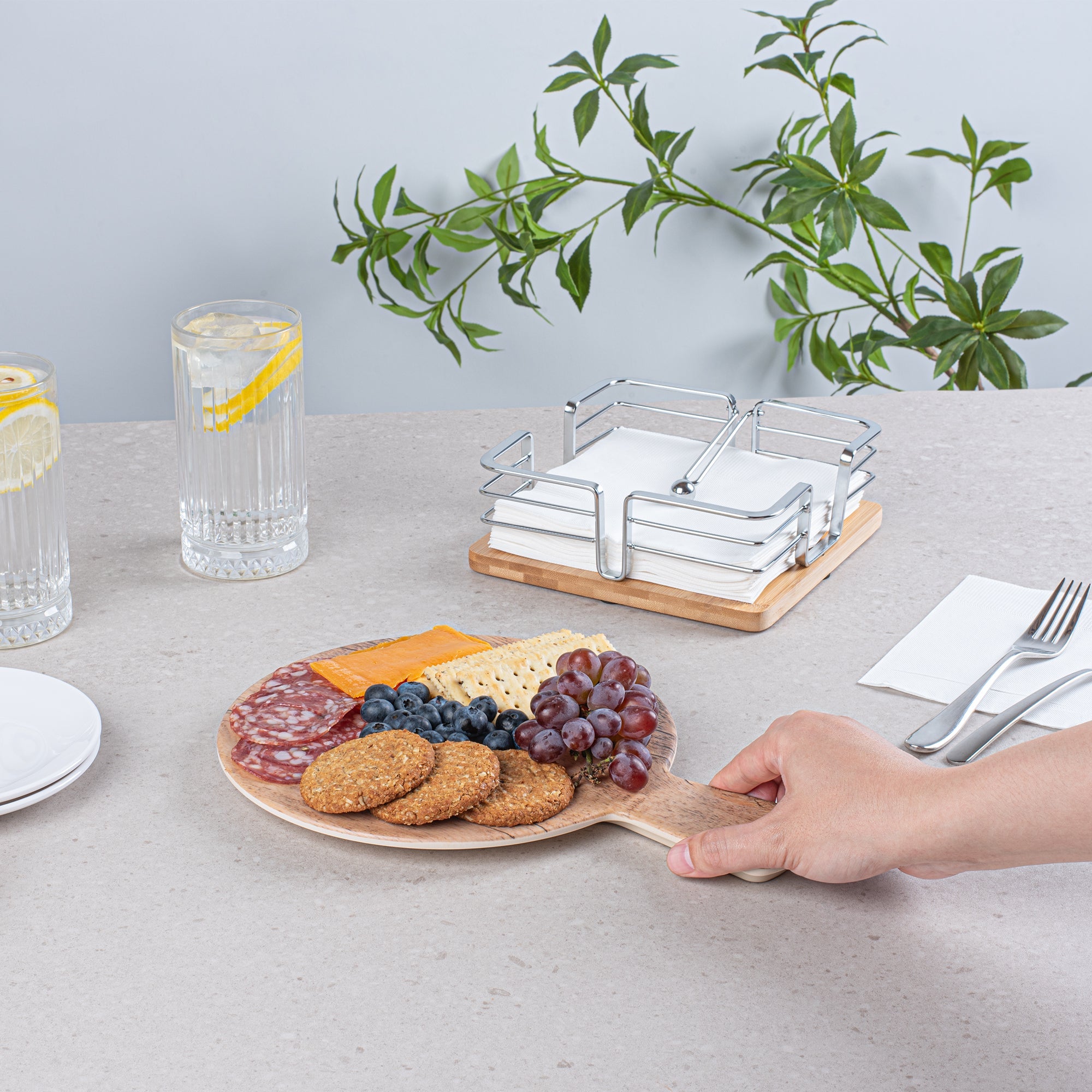Voga Countryside Round Brown Melamine Serving Board - Faux Wood, with Handle - 12 1/2" x 9" x 1/2" - 1 count box