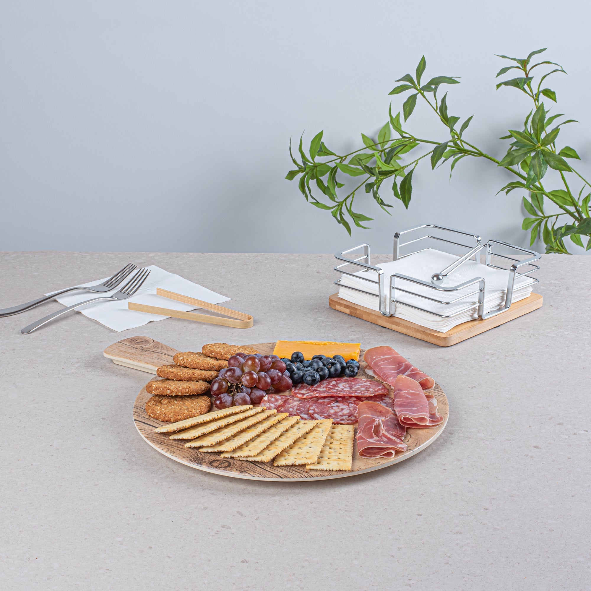 Voga Countryside Round Brown Melamine Serving Board - Faux Wood, with Handle - 16 1/2" x 12 1/2" x 1/2" - 1 count box