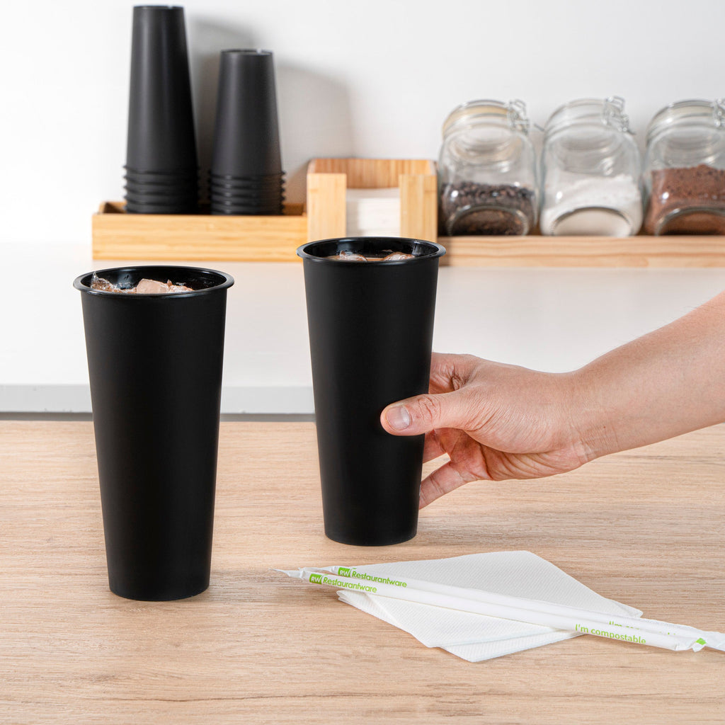 Bev Tek 24 oz Round Matte Black Plastic Hot / Cold Drinking Cup - 3 1/2" x 3 1/2" x 7" - 100 count box