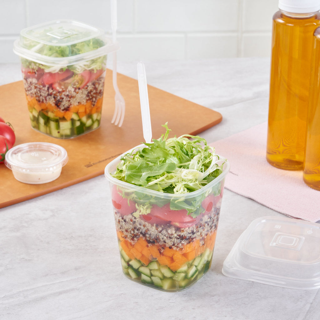 Asporto 17 oz Clear Plastic Salad To Go Cup - with Clear Lid and Fork - 3 1/2" x 3 1/2" x 4" - 100 count box