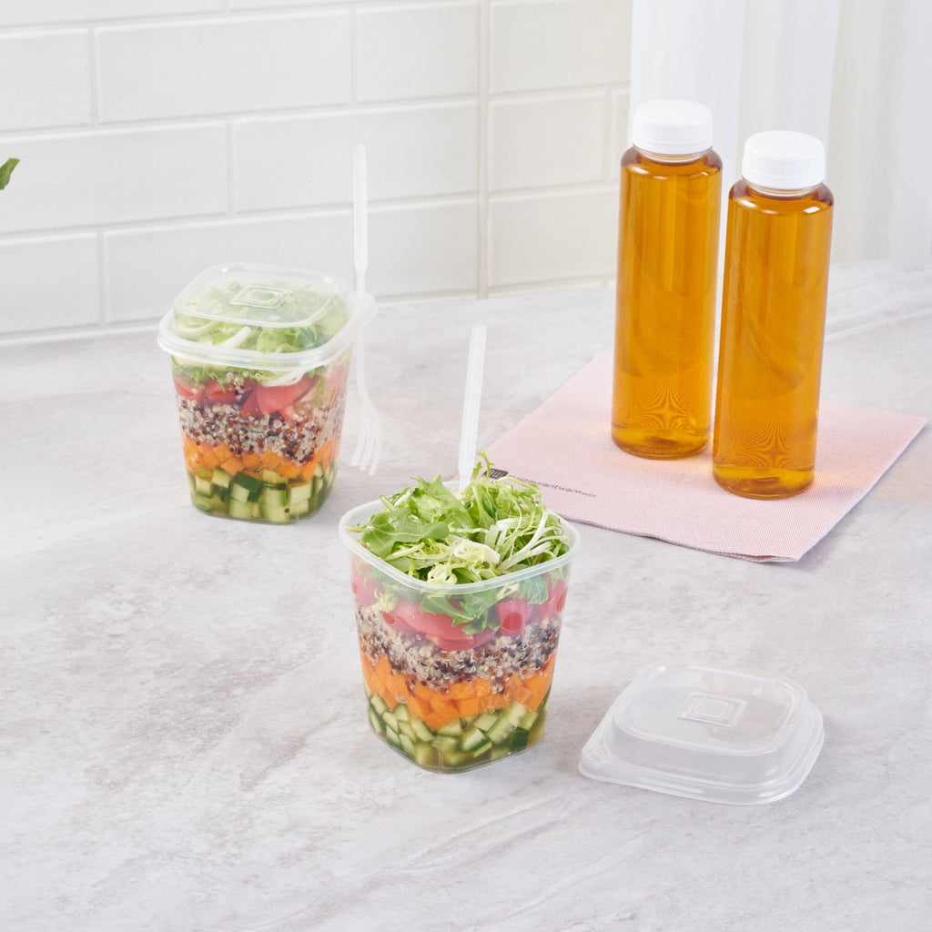 Asporto 17 oz Clear Plastic Salad To Go Cup - with Clear Lid and Fork - 3 1/2" x 3 1/2" x 4" - 100 count box