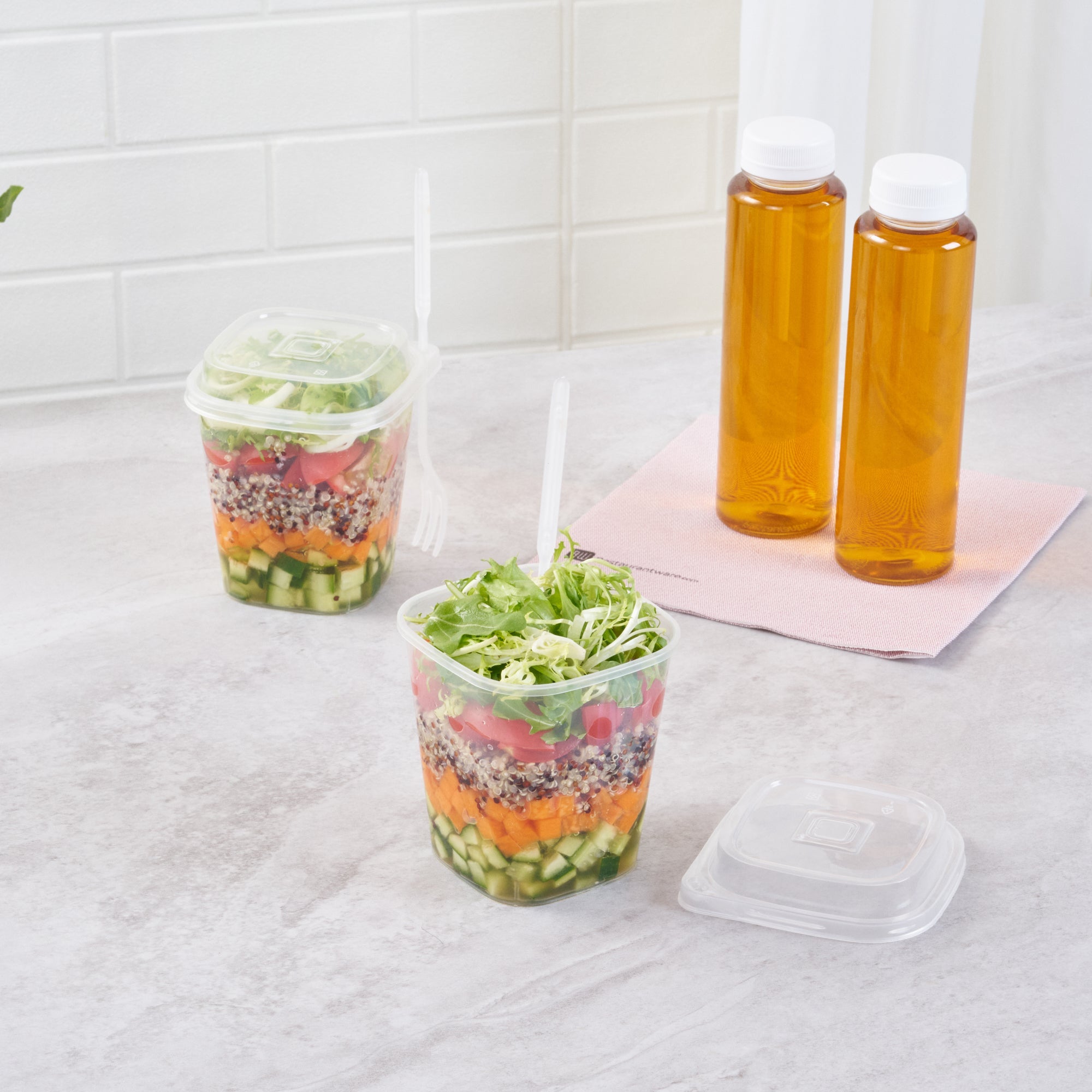 Asporto 17 oz Clear Plastic Salad To Go Cup - with Clear Lid and Fork - 3 1/2" x 3 1/2" x 4" - 100 count box