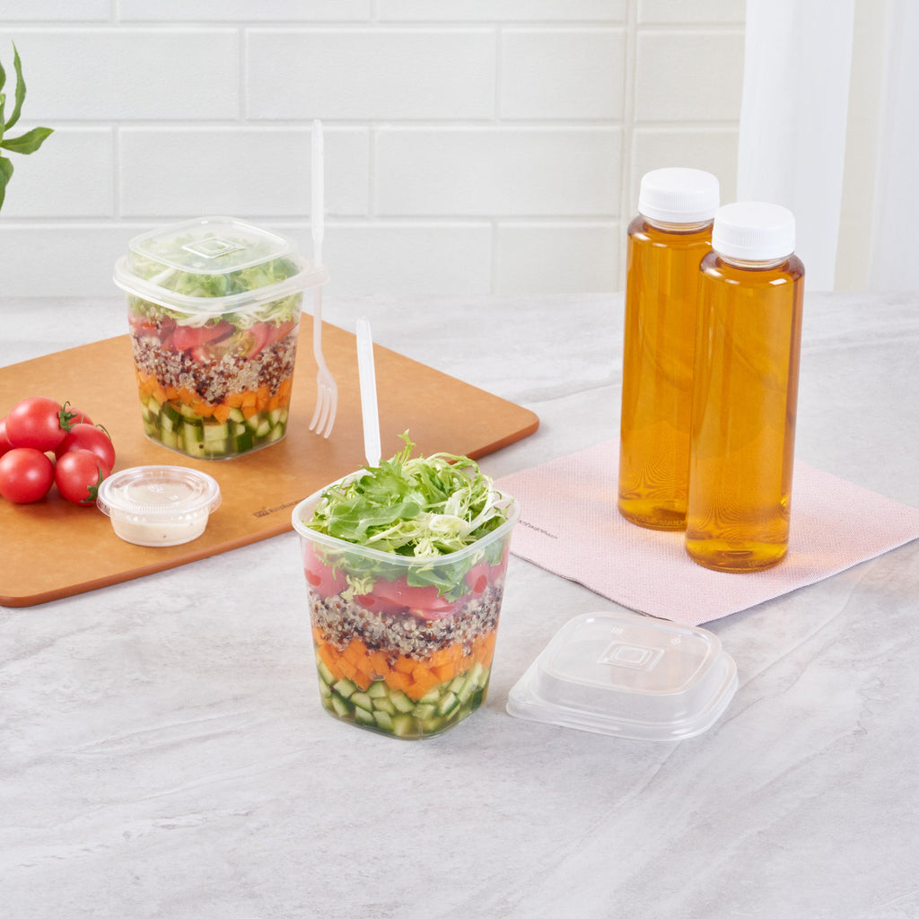 Asporto 17 oz Clear Plastic Salad To Go Cup - with Clear Lid and Fork - 3 1/2" x 3 1/2" x 4" - 100 count box