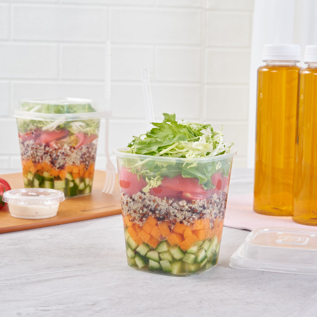 Asporto 17 oz Clear Plastic Salad To Go Cup - with Clear Lid and Fork - 3 1/2" x 3 1/2" x 4" - 100 count box