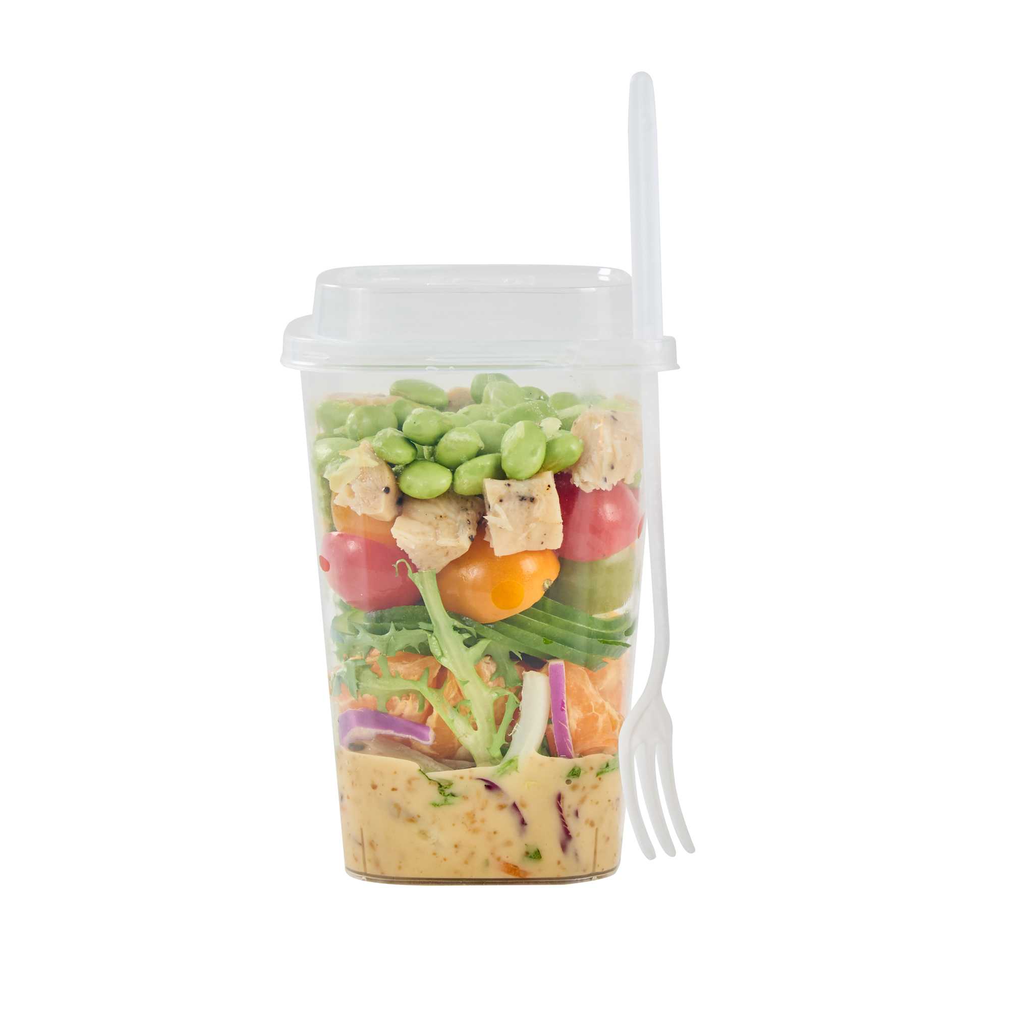 Asporto 24 oz Clear Plastic Salad To Go Cup - with Clear Lid and Fork - 2 3/4" x 2 3/4" x 5 3/4" - 100 count box