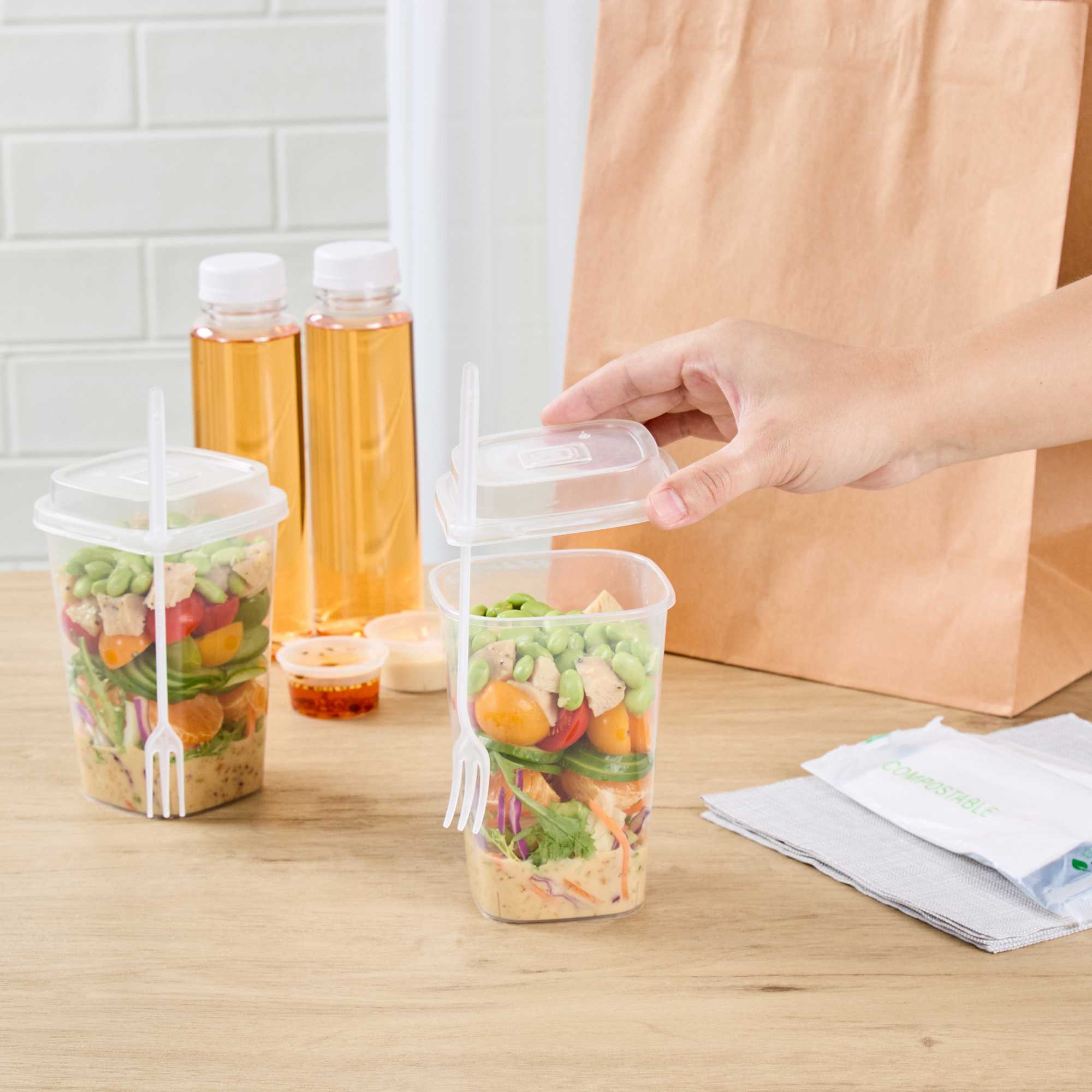 Asporto 24 oz Clear Plastic Salad To Go Cup - with Clear Lid and Fork - 2 3/4" x 2 3/4" x 5 3/4" - 100 count box