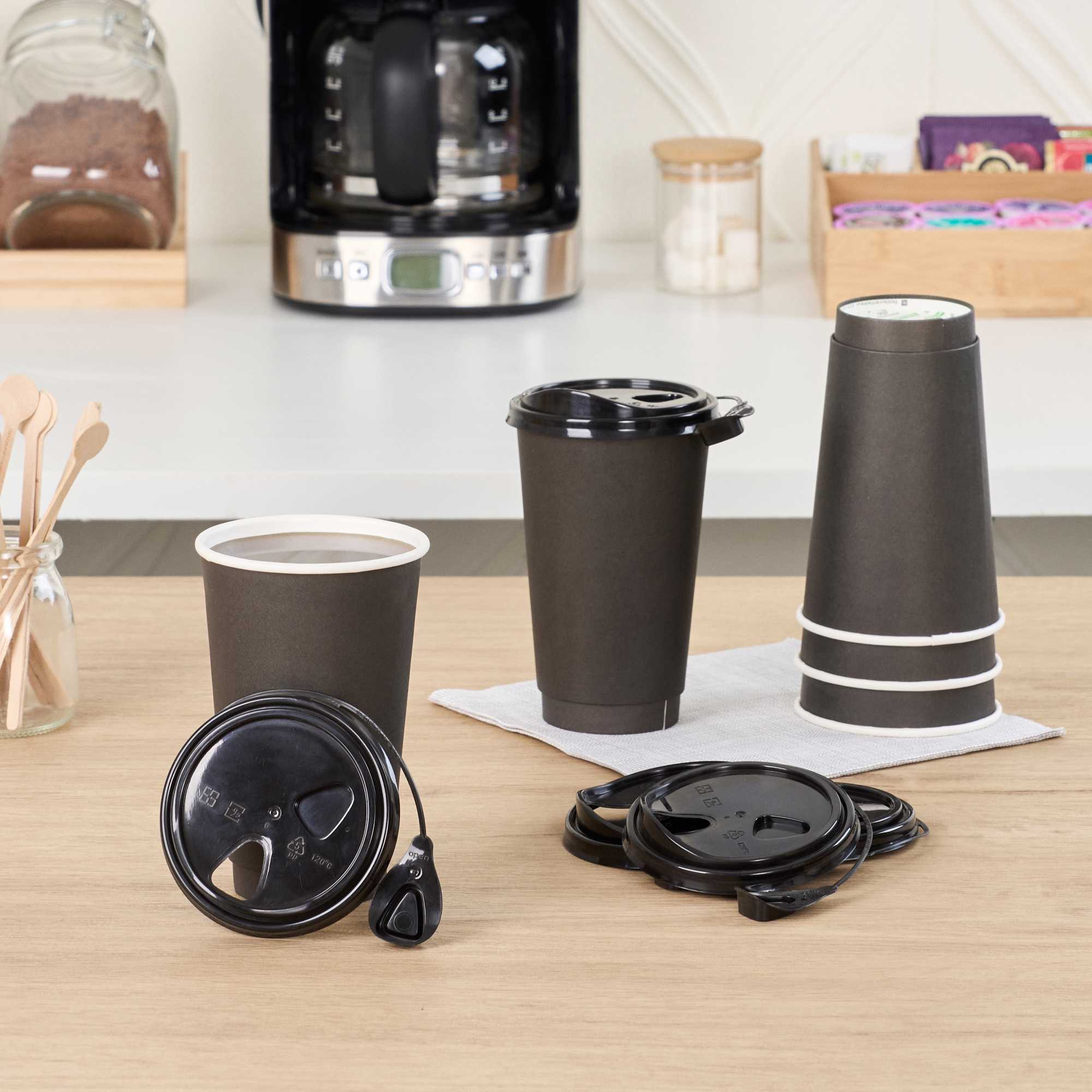 Bev Tek Black Plastic Pop Lock Coffee Cup Lid - Fits 8, 12, 16 and 20 oz - 100 count box