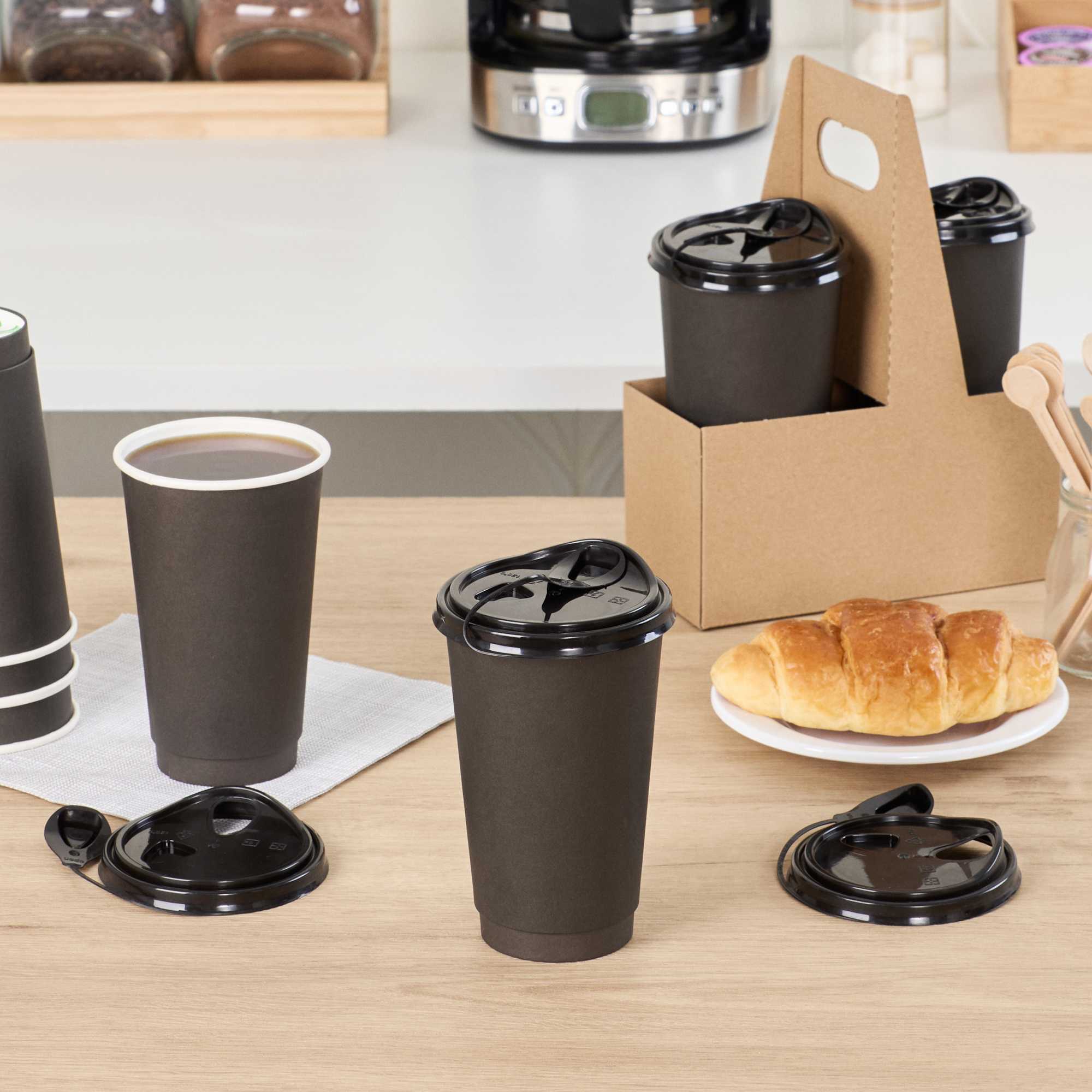 Bev Tek Black Plastic Pop Lock Coffee Cup Lid - Fits 8, 12, 16 and 20 oz - 100 count box