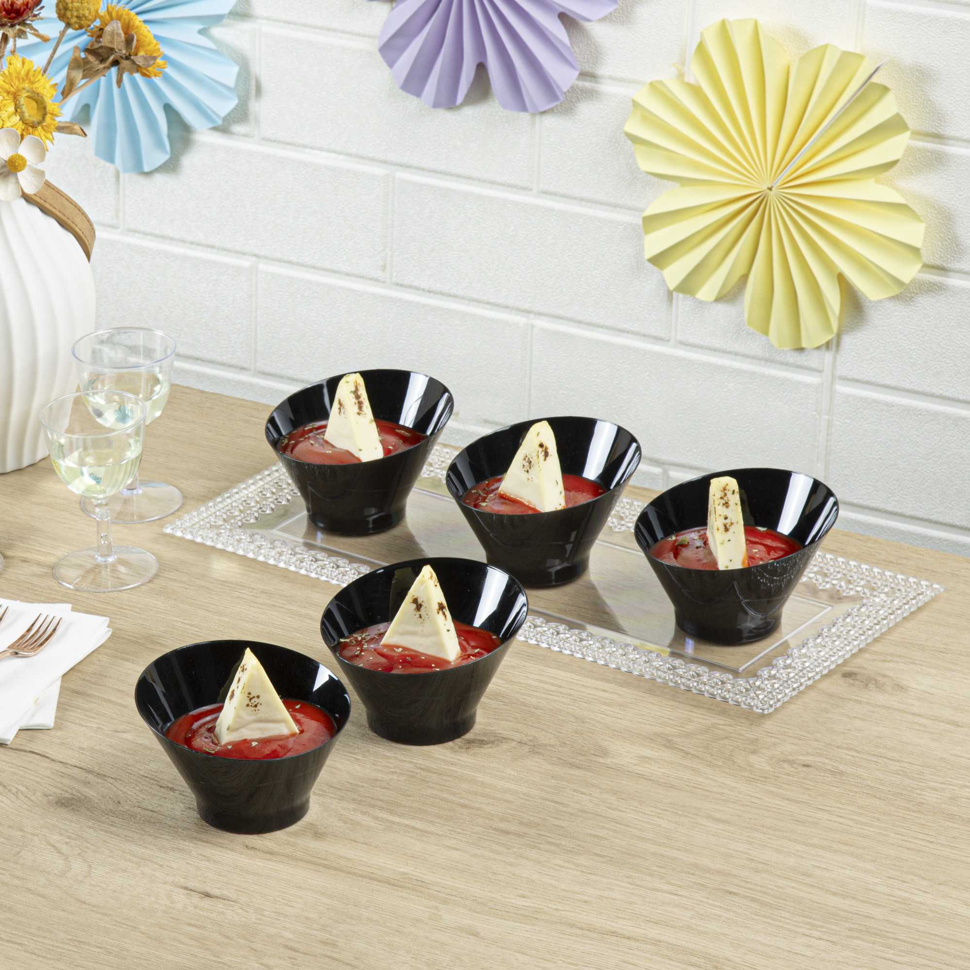 Mini Serve 5 oz Round Black Plastic Small Incline Bowl - 3 3/4" x 3 3/4" x 2 1/2" - 100 count box