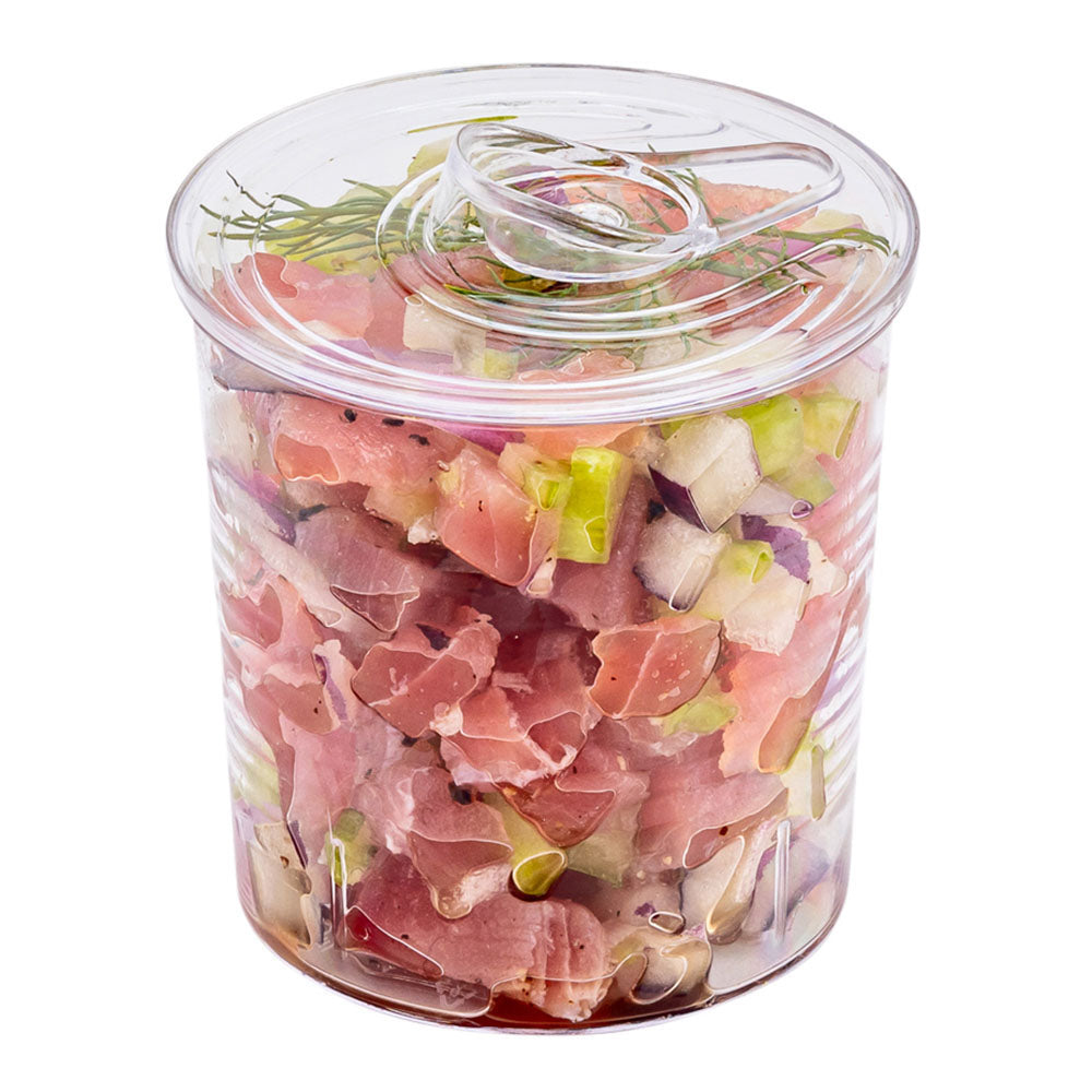 Mini Serve 4 oz Round Clear Plastic Tin Can - with Lid - 2 1/2" x 2 1/2" x 2 3/4" - 100 count box