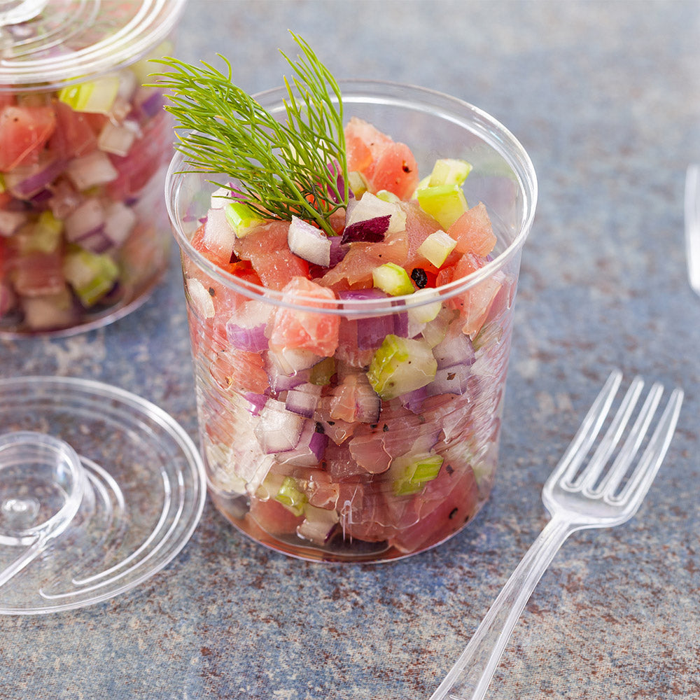 Mini Serve 4 oz Round Clear Plastic Tin Can - with Lid - 2 1/2" x 2 1/2" x 2 3/4" - 20 count box