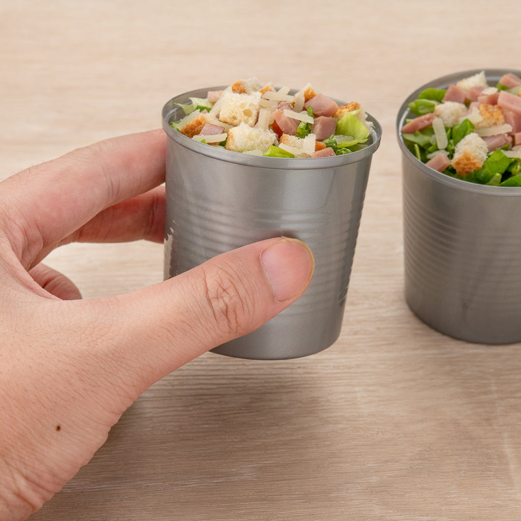 Mini Serve 4 oz Round Silver Plastic Tin Can - with Lid - 2 1/2" x 2 1/2" x 2 3/4" - 20 count box