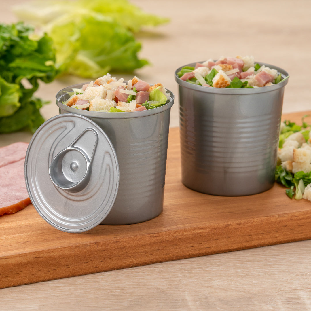 Mini Serve 4 oz Round Silver Plastic Tin Can - with Lid - 2 1/2" x 2 1/2" x 2 3/4" - 20 count box