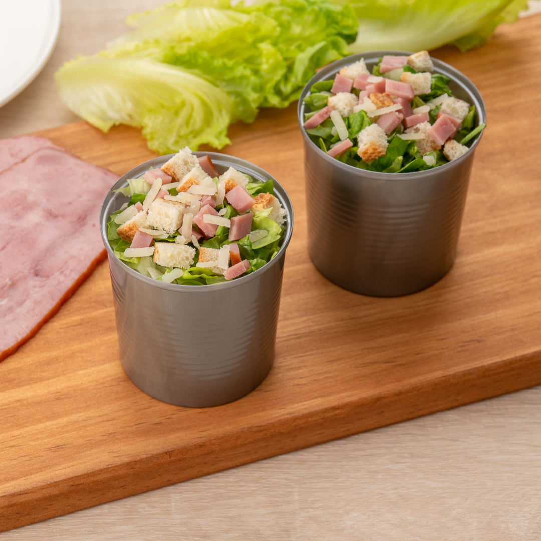 Mini Serve 4 oz Round Silver Plastic Tin Can - with Lid - 2 1/2" x 2 1/2" x 2 3/4" - 100 count box