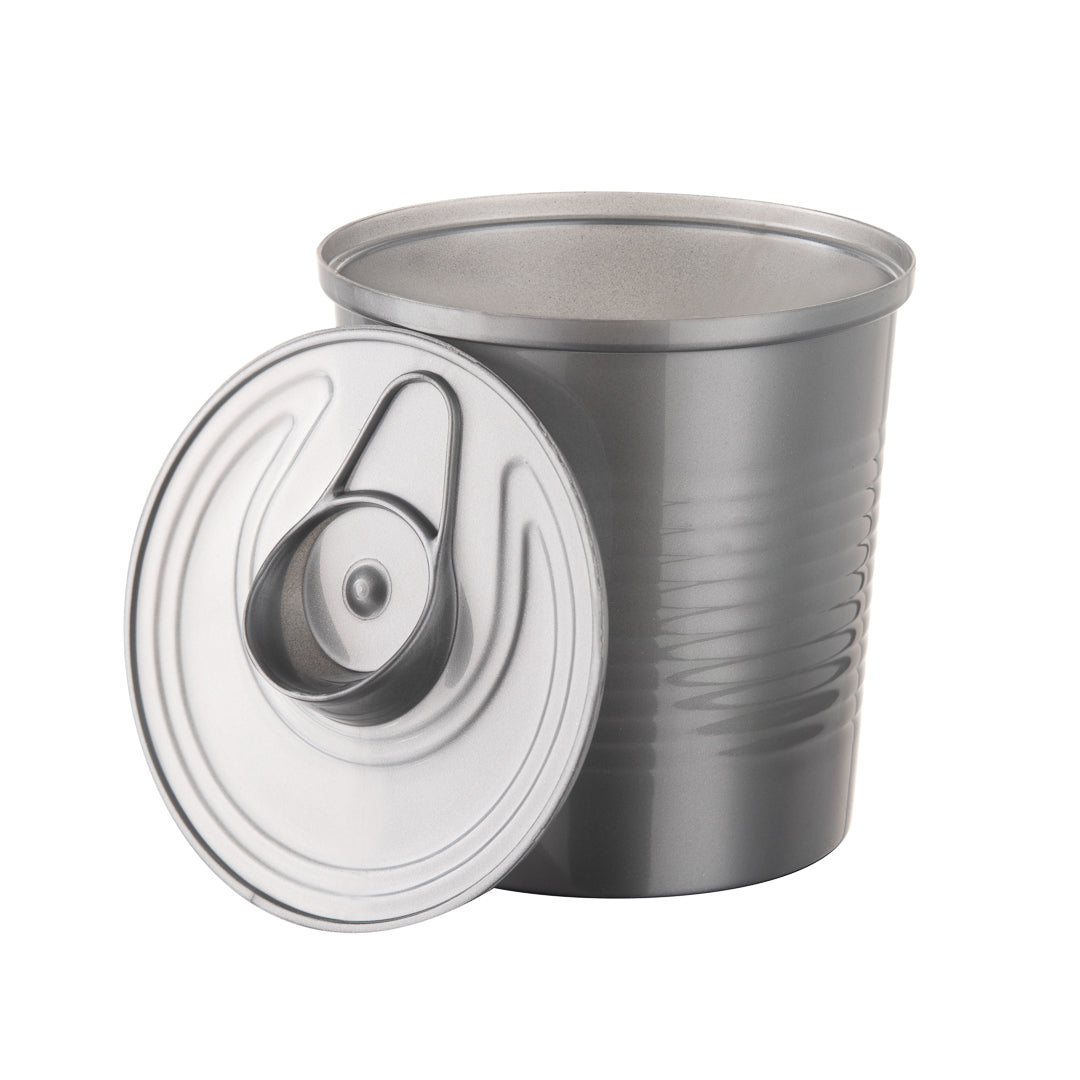 Mini Serve 4 oz Round Silver Plastic Tin Can - with Lid - 2 1/2" x 2 1/2" x 2 3/4" - 100 count box