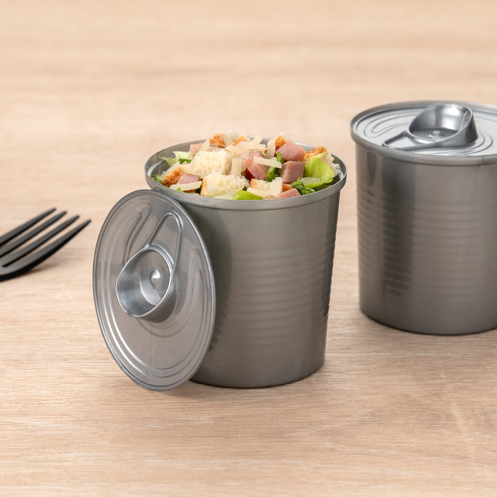 Mini Serve 4 oz Round Silver Plastic Tin Can - with Lid - 2 1/2" x 2 1/2" x 2 3/4" - 100 count box