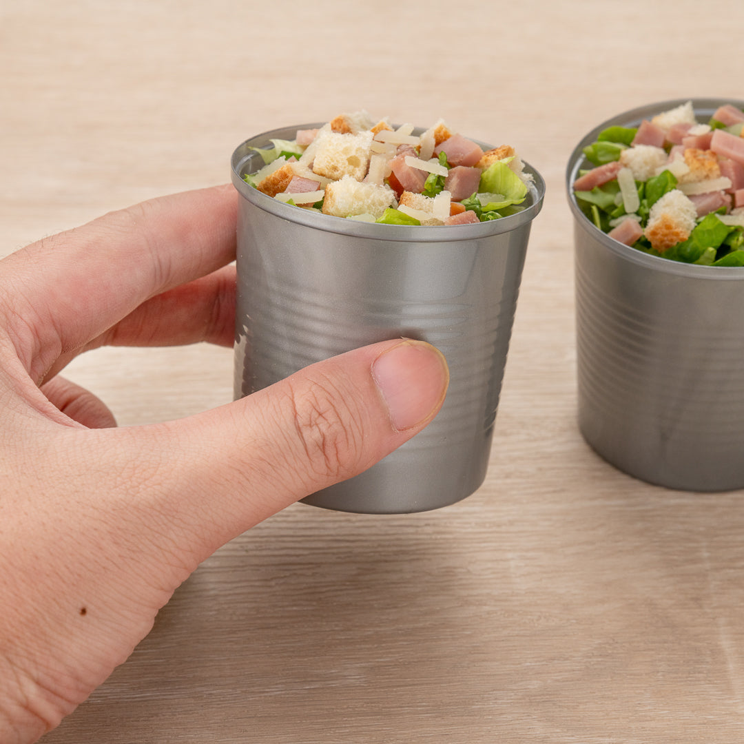 Mini Serve 4 oz Round Silver Plastic Tin Can - with Lid - 2 1/2" x 2 1/2" x 2 3/4" - 100 count box