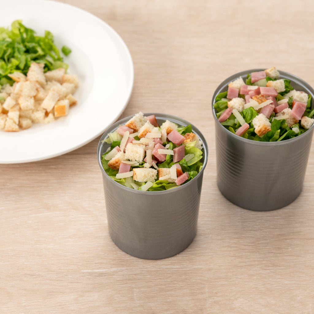 Mini Serve 4 oz Round Silver Plastic Tin Can - with Lid - 2 1/2" x 2 1/2" x 2 3/4" - 100 count box