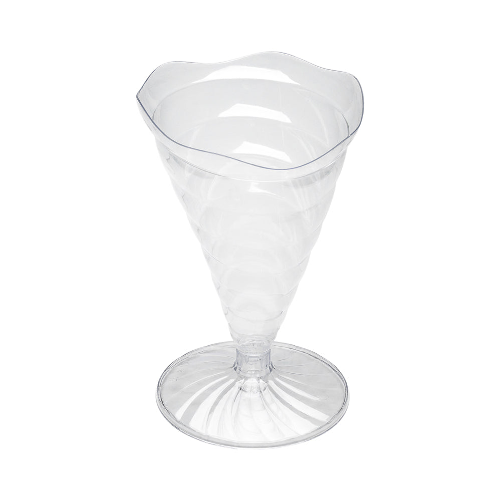 Mini Serve 3 oz Clear Plastic Nautilus Appetizer Cone - with Base - 3" x 3" x 4 1/2" - 100 count box