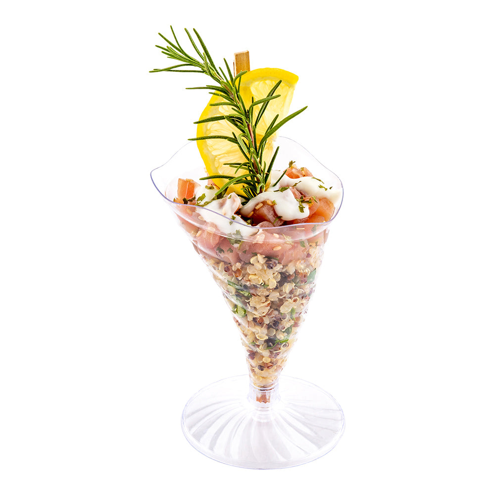 Mini Serve 3 oz Clear Plastic Nautilus Appetizer Cone - with Base - 3" x 3" x 4 1/2" - 100 count box