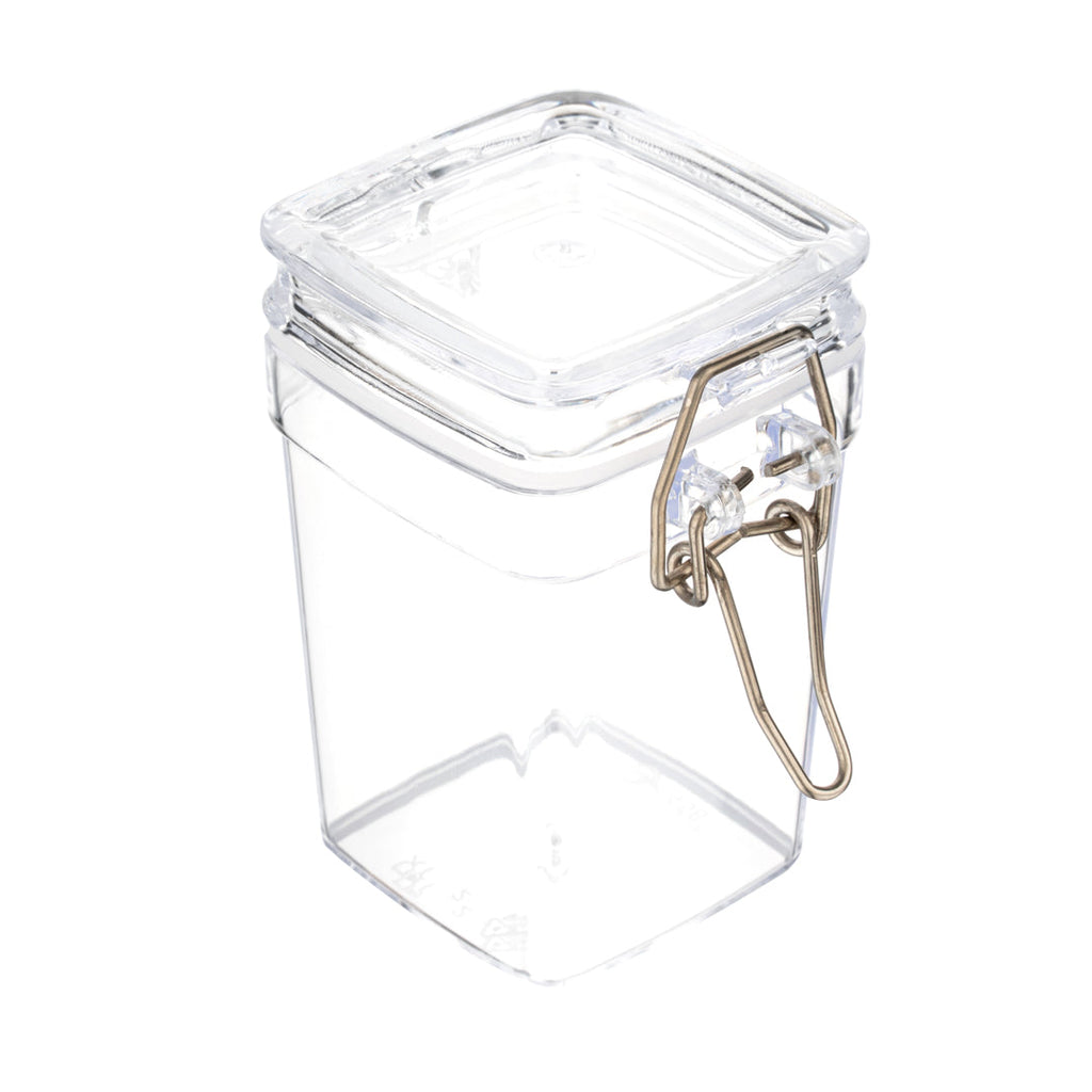 Mini Serve 3 oz Square Clear Plastic Nostalgic Mason Jar - with Clamp Lid - 2 1/2" x 2" x 3" - 10 count box