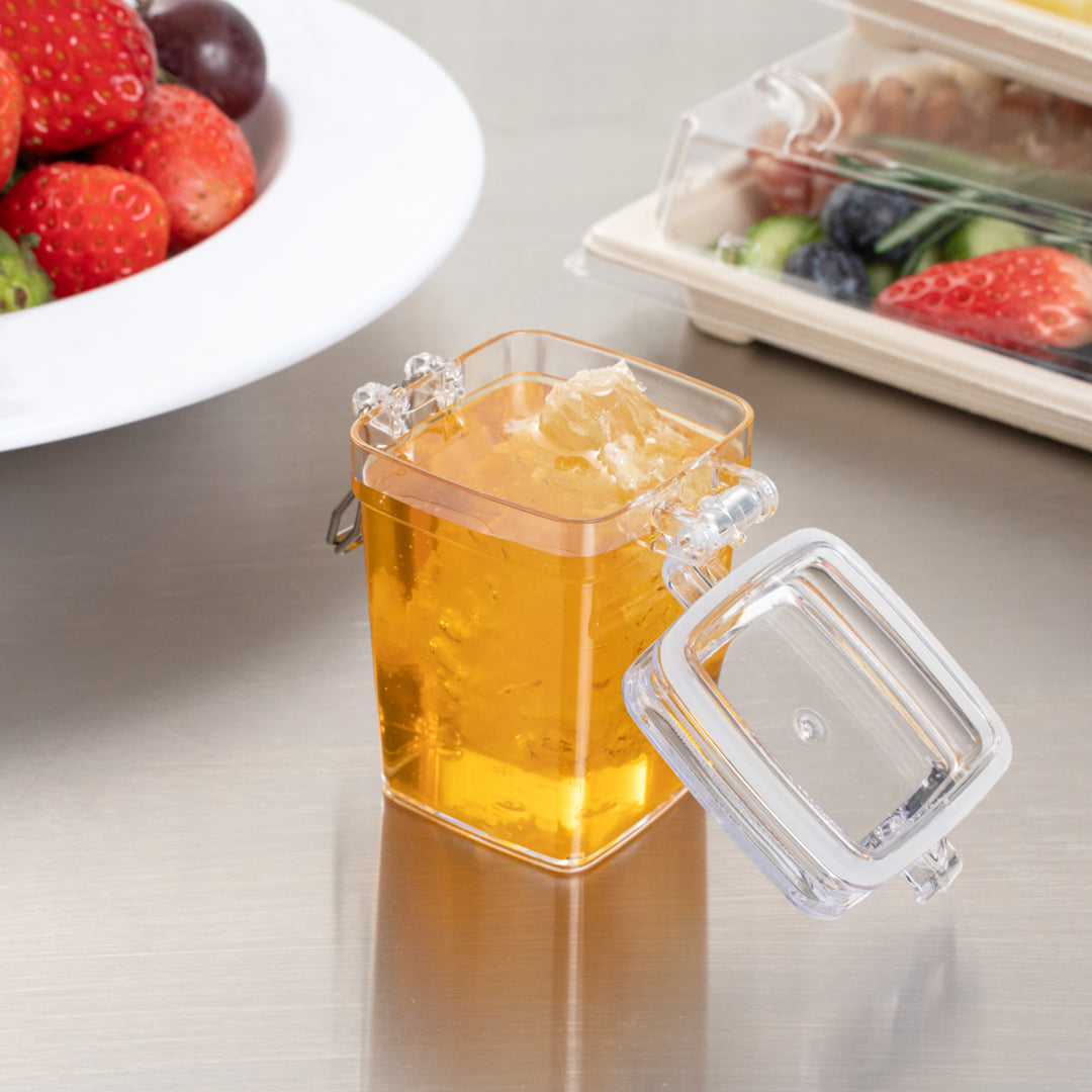 Mini Serve 3 oz Square Clear Plastic Nostalgic Mason Jar - with Clamp Lid - 2 1/2" x 2" x 3" - 10 count box