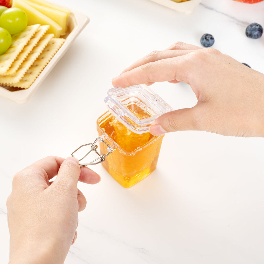Mini Serve 3 oz Square Clear Plastic Nostalgic Mason Jar - with Clamp Lid - 2 1/2" x 2" x 3" - 10 count box