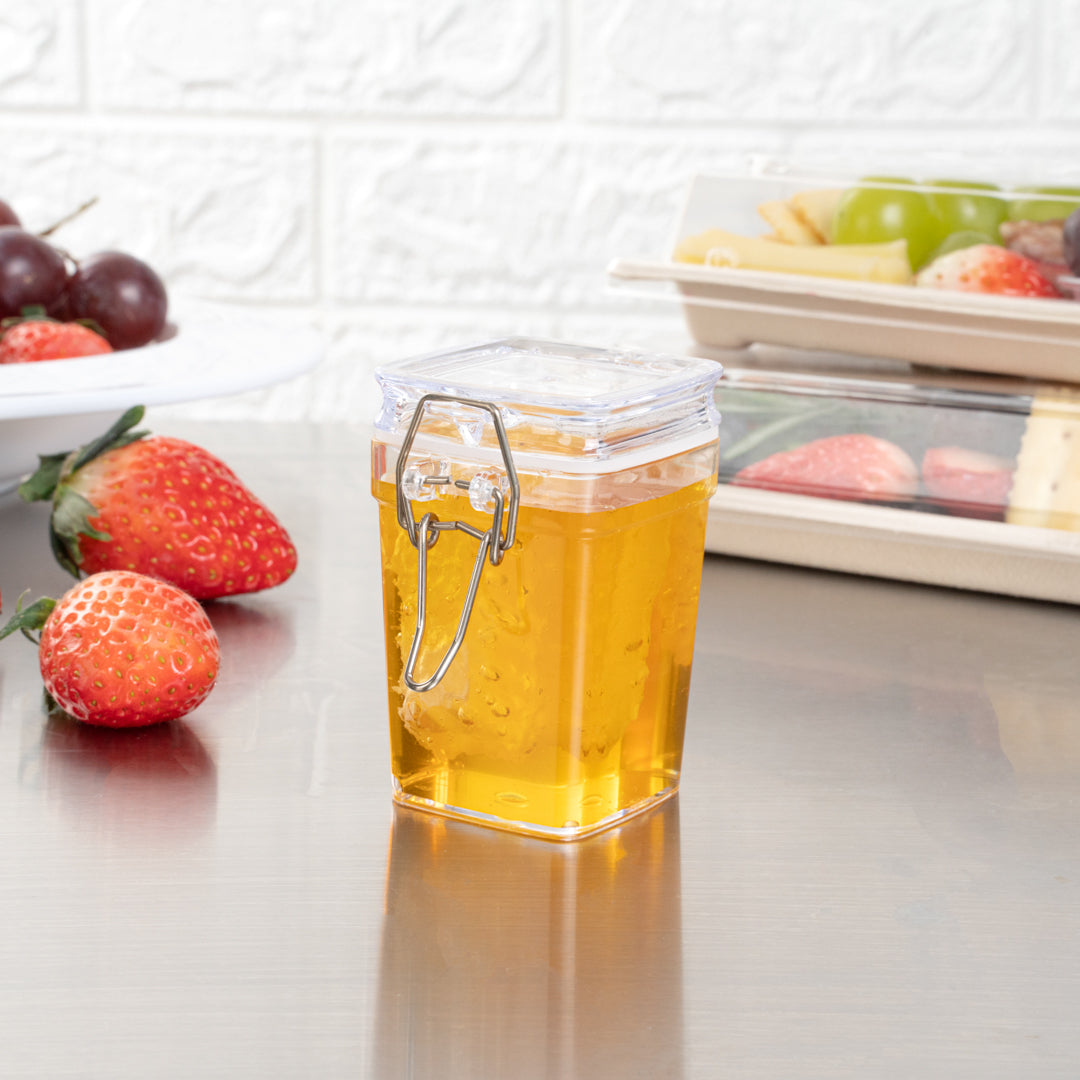 Mini Serve 3 oz Square Clear Plastic Nostalgic Mason Jar - with Clamp Lid - 2 1/2" x 2" x 3" - 100 count box