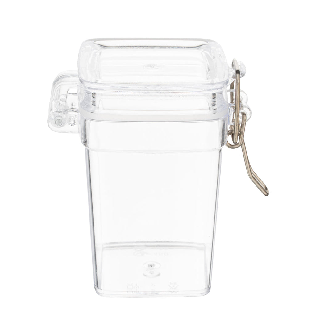 Mini Serve 3 oz Square Clear Plastic Nostalgic Mason Jar - with Clamp Lid - 2 1/2" x 2" x 3" - 100 count box