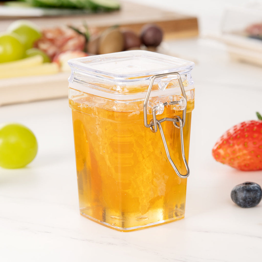 Mini Serve 3 oz Square Clear Plastic Nostalgic Mason Jar - with Clamp Lid - 2 1/2" x 2" x 3" - 100 count box