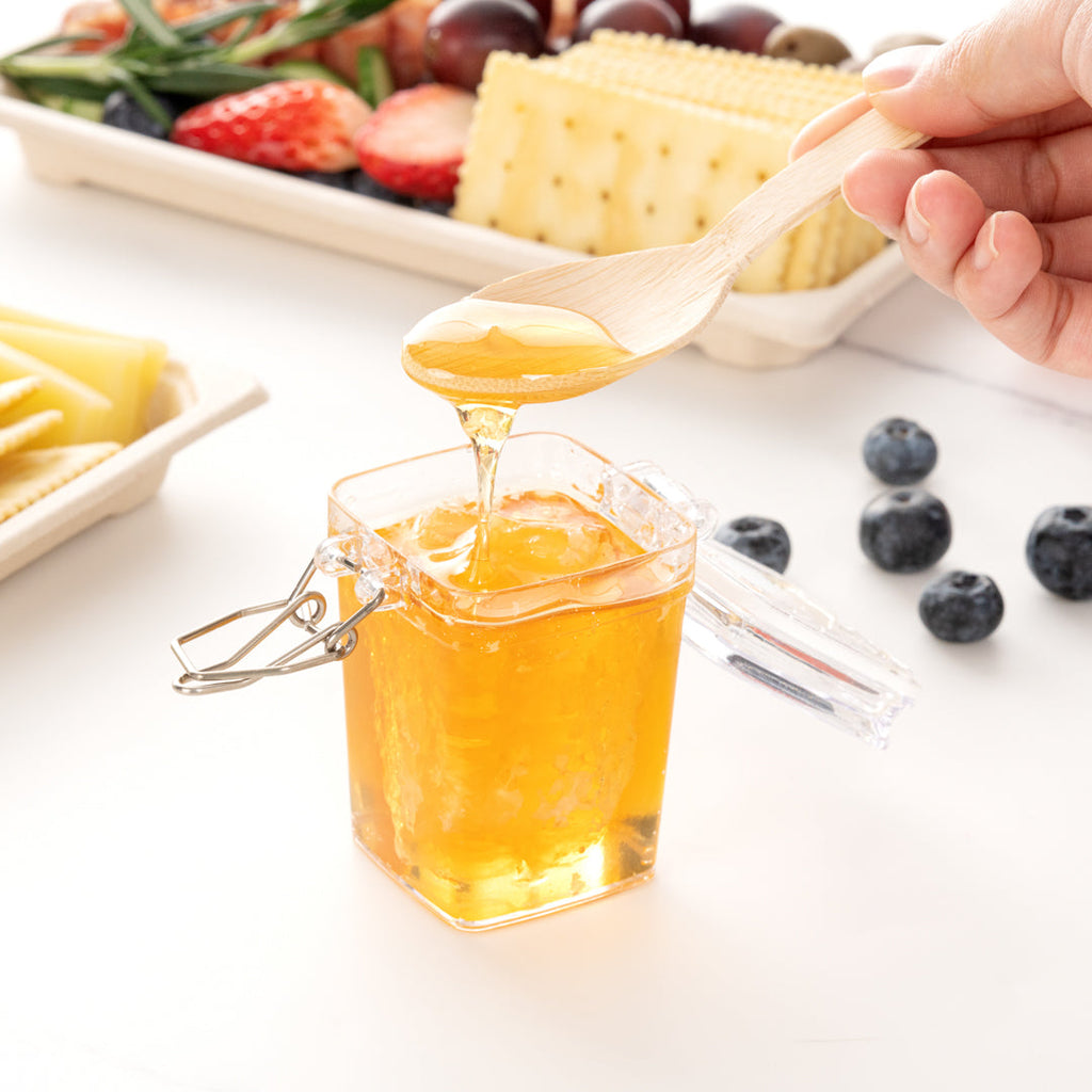 Mini Serve 3 oz Square Clear Plastic Nostalgic Mason Jar - with Clamp Lid - 2 1/2" x 2" x 3" - 100 count box