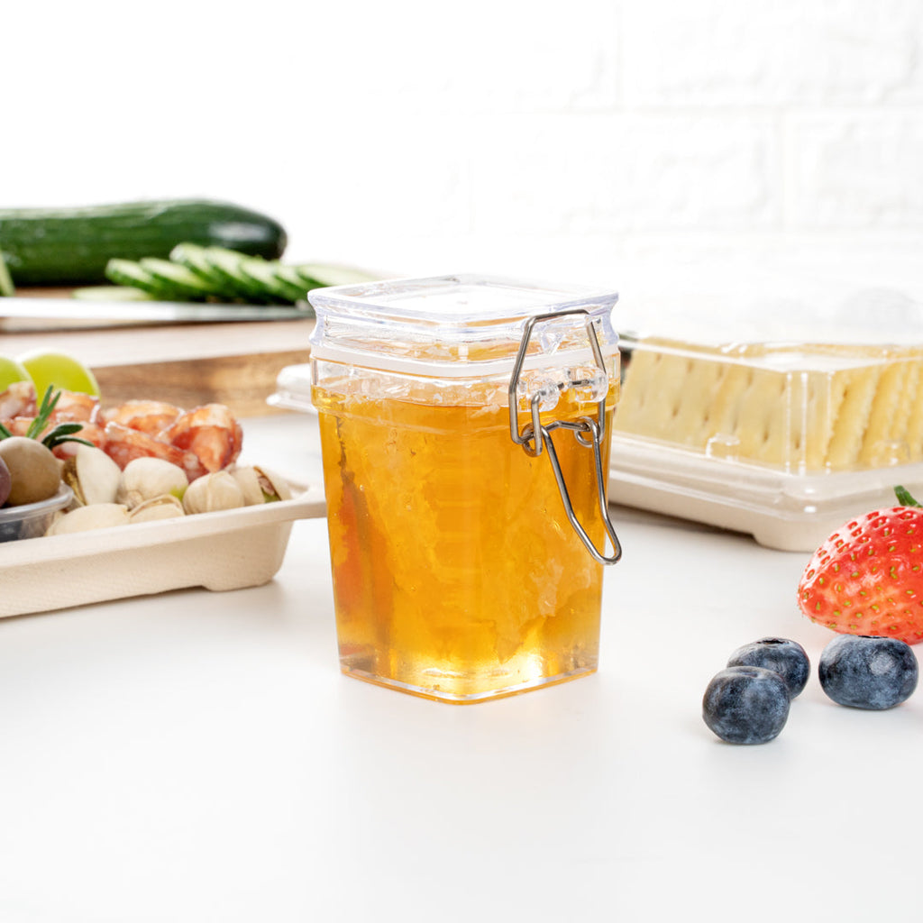 Mini Serve 3 oz Square Clear Plastic Nostalgic Mason Jar - with Clamp Lid - 2 1/2" x 2" x 3" - 100 count box
