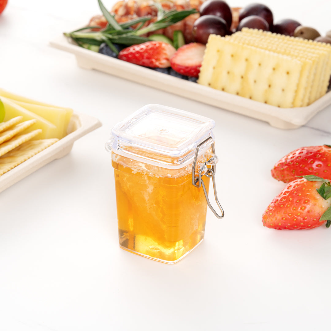 Mini Serve 3 oz Square Clear Plastic Nostalgic Mason Jar - with Clamp Lid - 2 1/2" x 2" x 3" - 100 count box