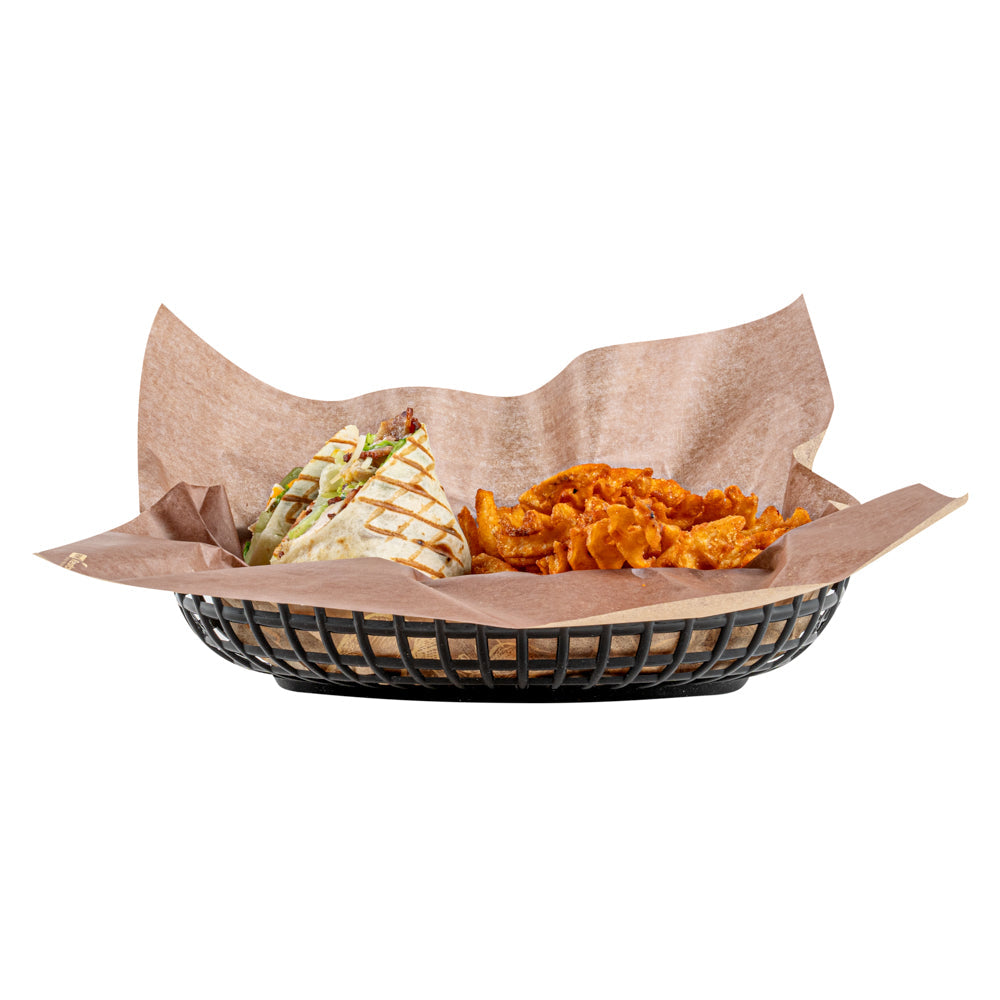 Chef 101 Oval Black Plastic Fast Food Serving Basket - 10 1/4" x 6 3/4" x 2" - 10 count box