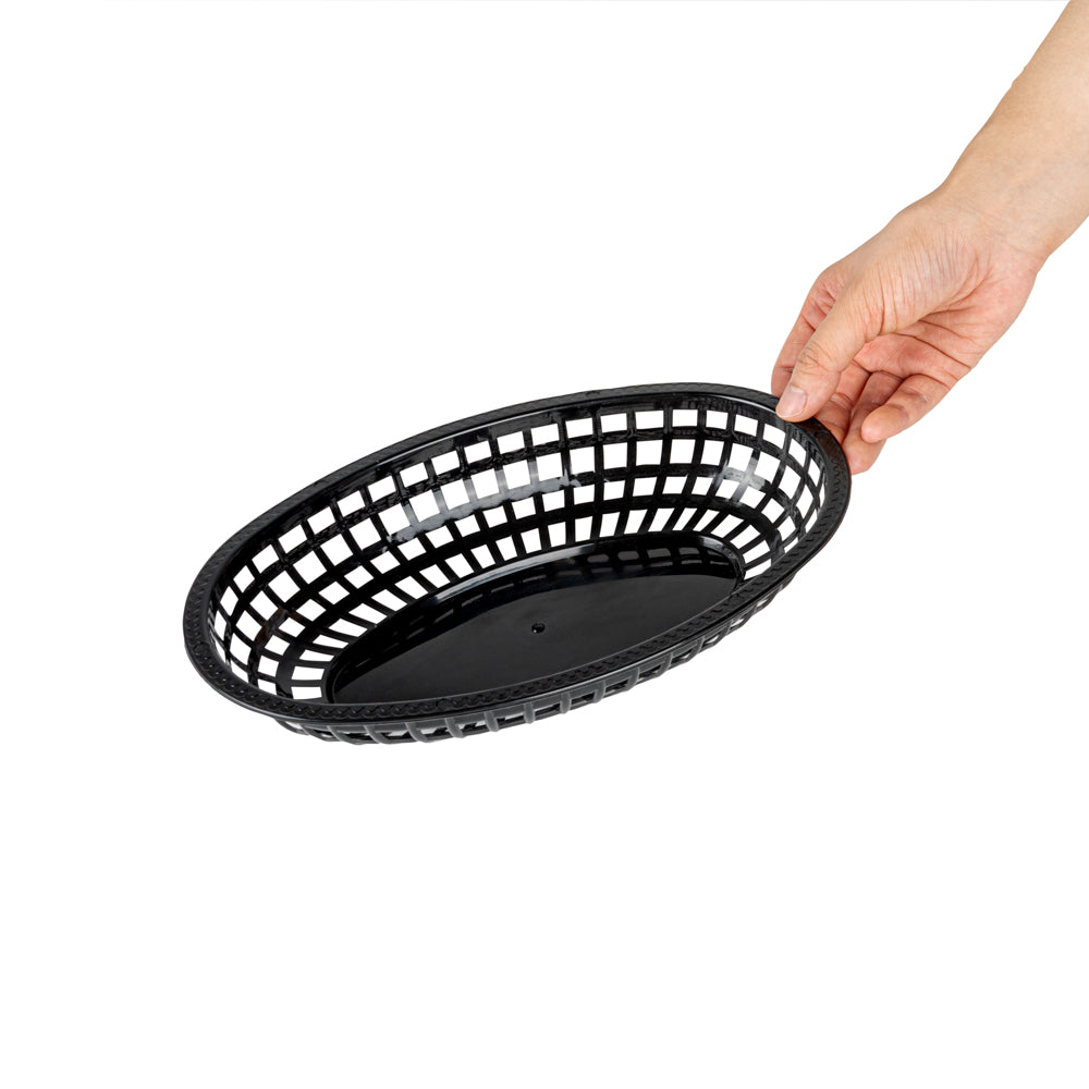 Chef 101 Oval Black Plastic Fast Food Serving Basket - 10 1/4" x 6 3/4" x 2" - 10 count box