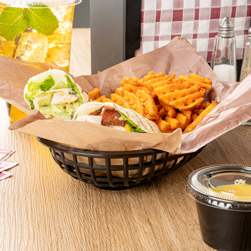 Chef 101 Oval Black Plastic Fast Food Serving Basket - 10 1/4" x 6 3/4" x 2" - 10 count box