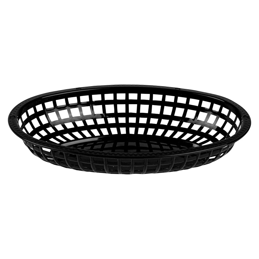 Chef 101 Oval Black Plastic Fast Food Serving Basket - 10 1/4" x 6 3/4" x 2" - 100 count box