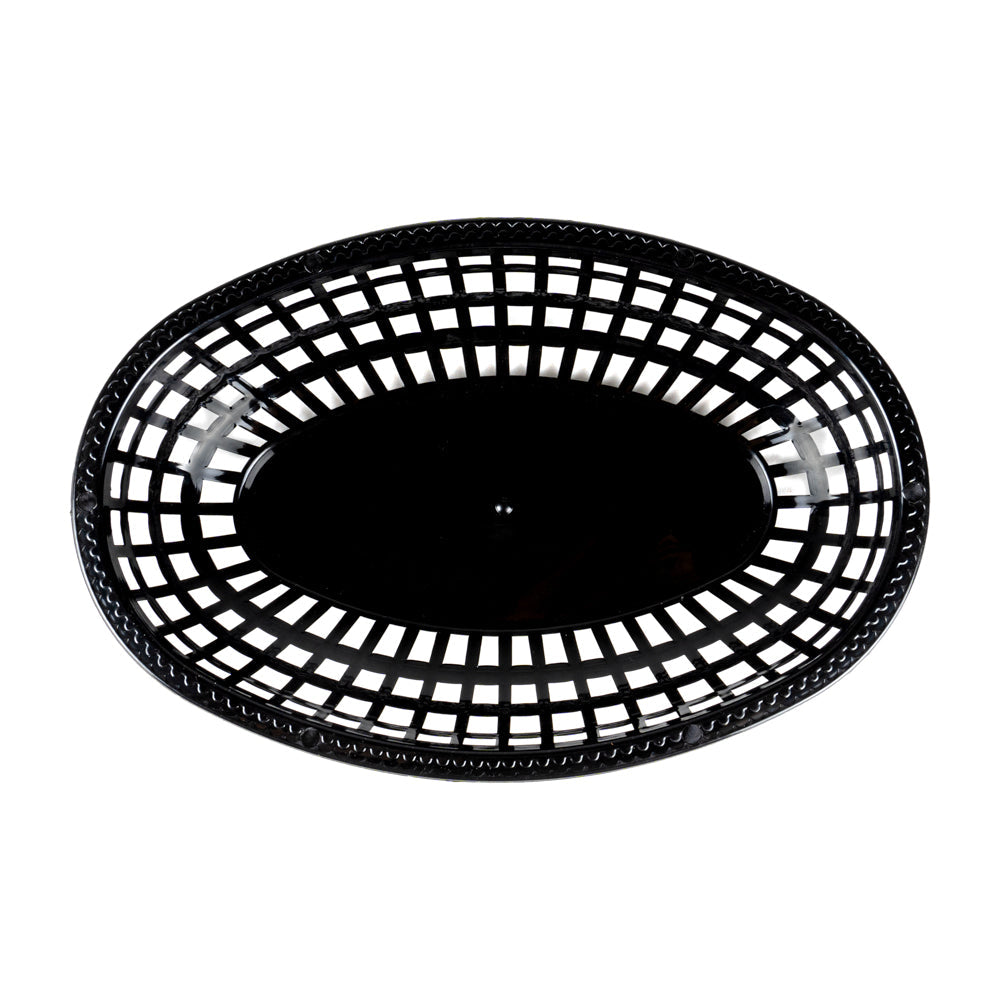 Chef 101 Oval Black Plastic Fast Food Serving Basket - 10 1/4" x 6 3/4" x 2" - 100 count box